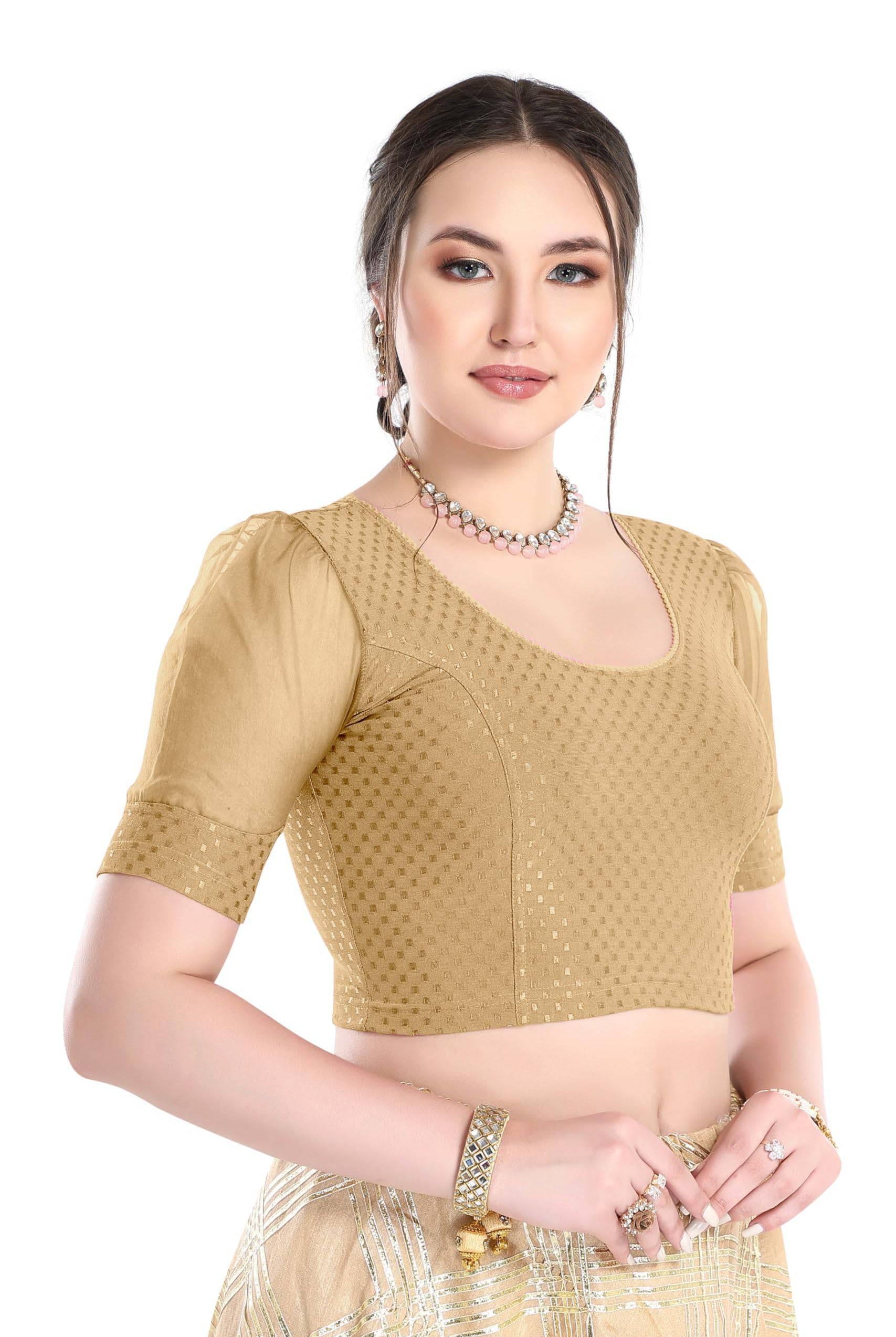 FINESTFIT Stay On Trend Latest Fashion 100% Cotton Dobby Readymade Blouses for Women,Round Neckline with Organza Balloon Sleeves.4520