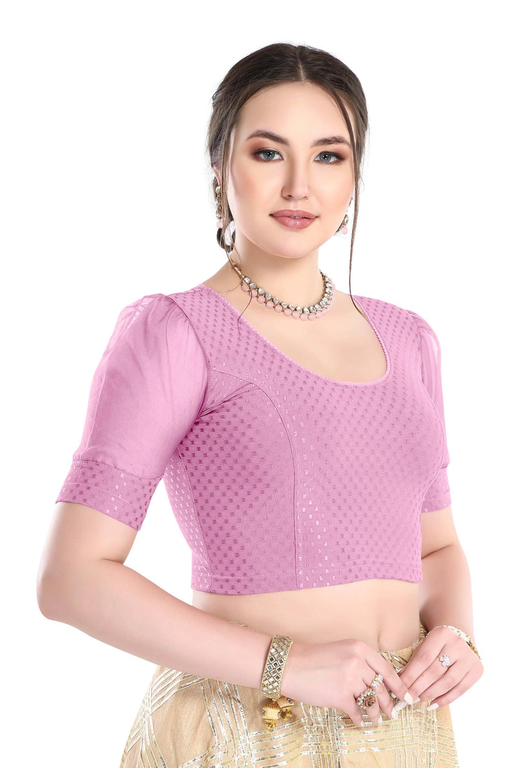 FINESTFIT Stay On Trend Latest Fashion 100% Cotton Dobby Readymade Blouses for Women,Round Neckline with Organza Balloon Sleeves.4520