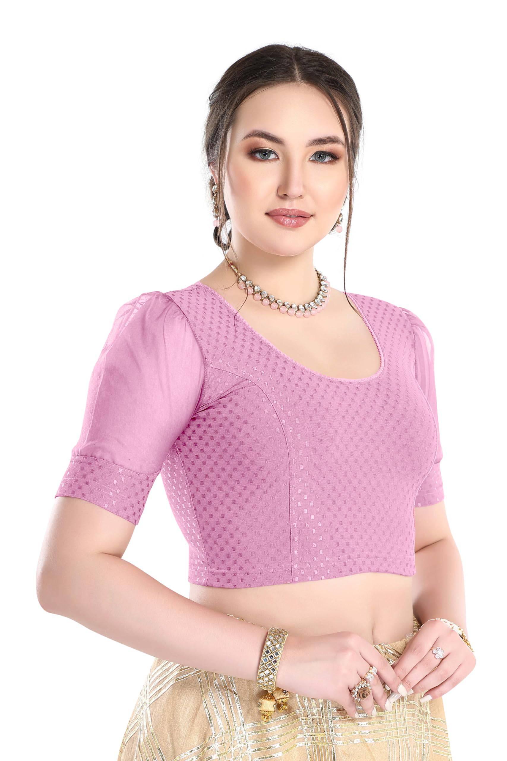 FINESTFIT Stay On Trend Latest Fashion 100% Cotton Dobby Readymade Blouses for Women,Round Neckline with Organza Balloon Sleeves.4520