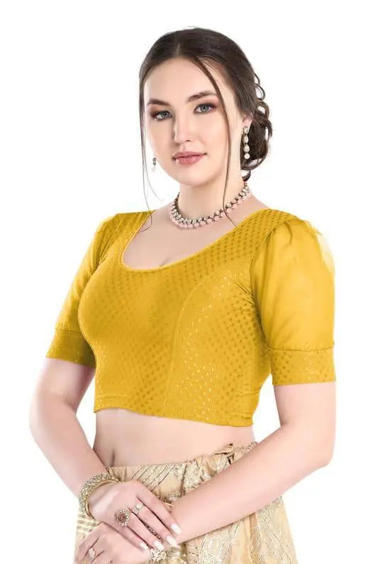 FINESTFIT Stay On Trend Latest Fashion 100% Cotton Dobby Readymade Blouses for Women,Round Neckline with Organza Balloon Sleeves.4520