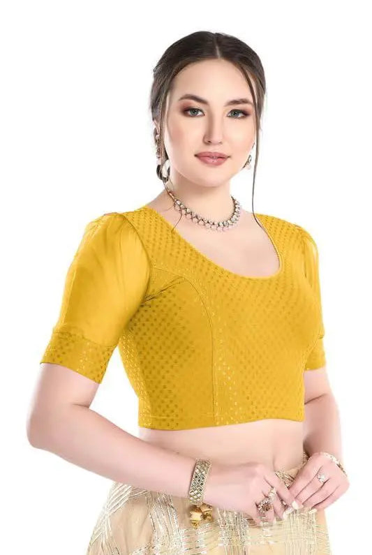 FINESTFIT Stay On Trend Latest Fashion 100% Cotton Dobby Readymade Blouses for Women,Round Neckline with Organza Balloon Sleeves.4520