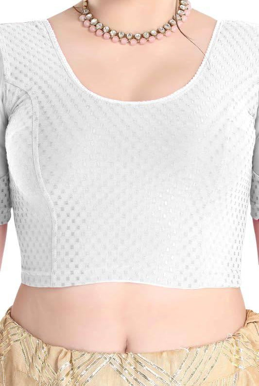 FINESTFIT Stay On Trend Latest Fashion 100% Cotton Dobby Readymade Blouses for Women,Round Neckline with Organza Balloon Sleeves.4520