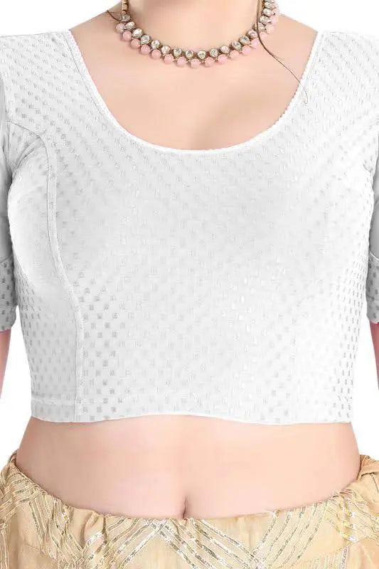 FINESTFIT Stay On Trend Latest Fashion 100% Cotton Dobby Readymade Blouses for Women,Round Neckline with Organza Balloon Sleeves.4520