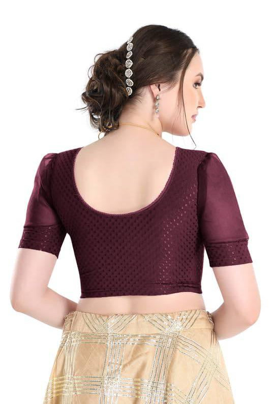 FINESTFIT Stay On Trend Latest Fashion 100% Cotton Dobby Readymade Blouses for Women,Round Neckline with Organza Balloon Sleeves.4520