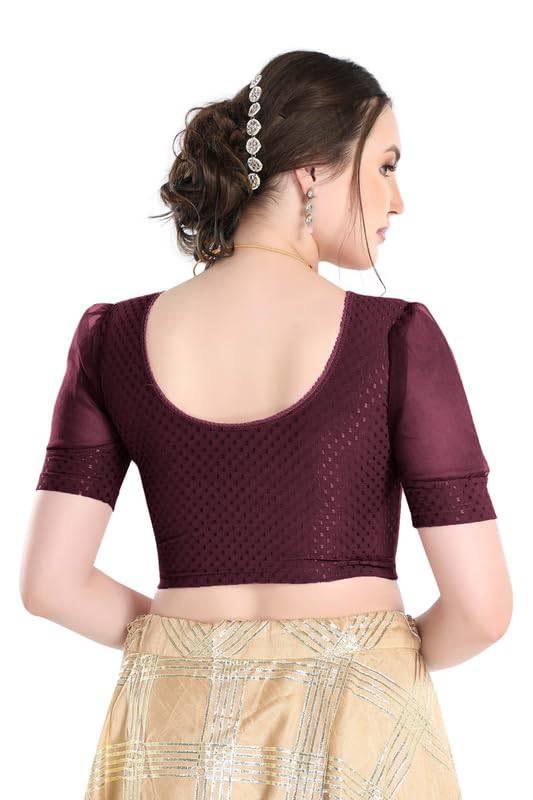 FINESTFIT Stay On Trend Latest Fashion 100% Cotton Dobby Readymade Blouses for Women,Round Neckline with Organza Balloon Sleeves.4520