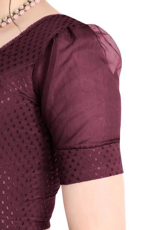 FINESTFIT Stay On Trend Latest Fashion 100% Cotton Dobby Readymade Blouses for Women,Round Neckline with Organza Balloon Sleeves.4520