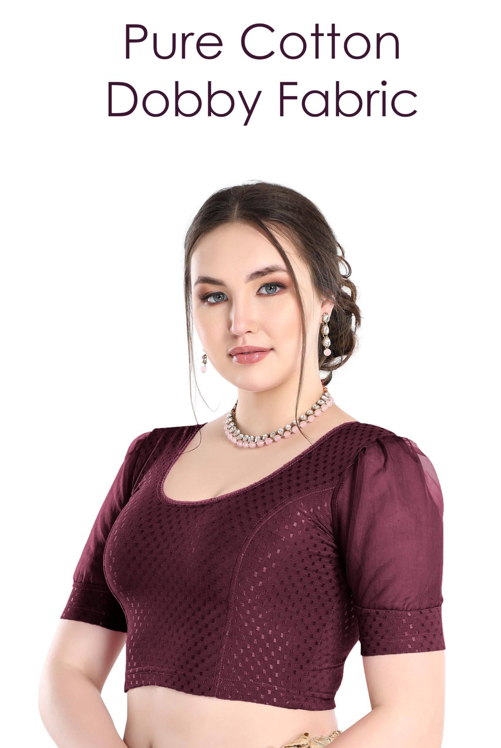 FINESTFIT Stay On Trend Latest Fashion 100% Cotton Dobby Readymade Blouses for Women,Round Neckline with Organza Balloon Sleeves.4520