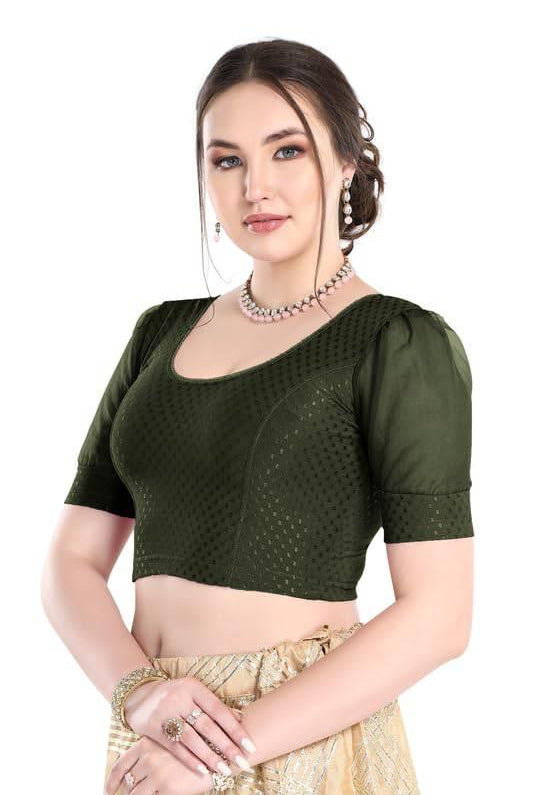 FINESTFIT Stay On Trend Latest Fashion 100% Cotton Dobby Readymade Blouses for Women,Round Neckline with Organza Balloon Sleeves.4520