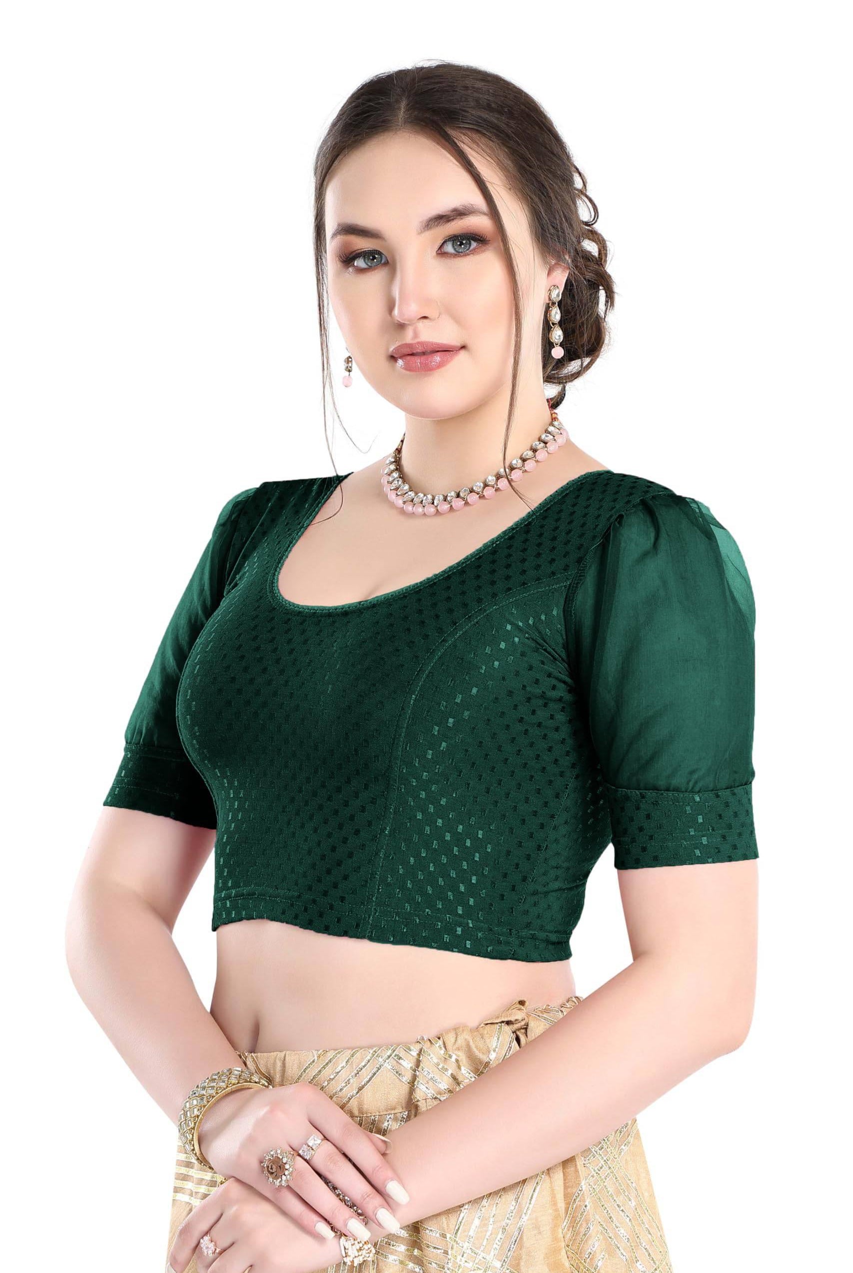 FINESTFIT Stay On Trend Latest Fashion 100% Cotton Dobby Readymade Blouses for Women,Round Neckline with Organza Balloon Sleeves.4520