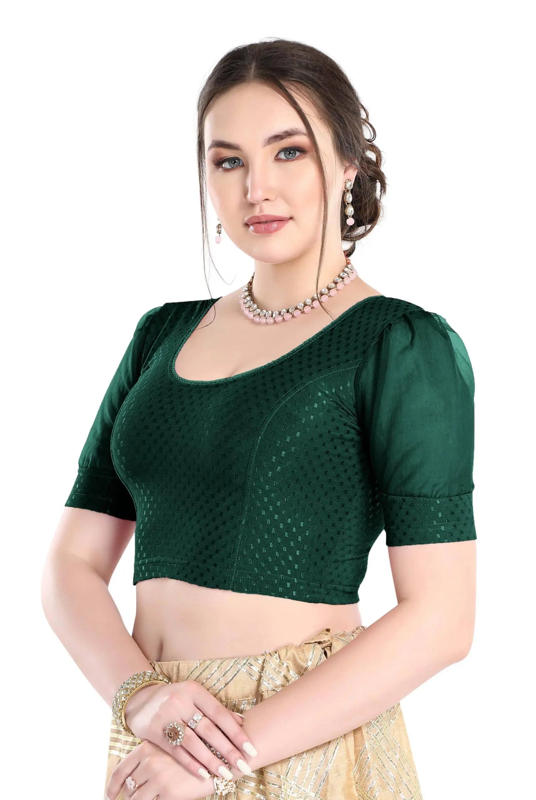 FINESTFIT Stay On Trend Latest Fashion 100% Cotton Dobby Readymade Blouses for Women,Round Neckline with Organza Balloon Sleeves.4520