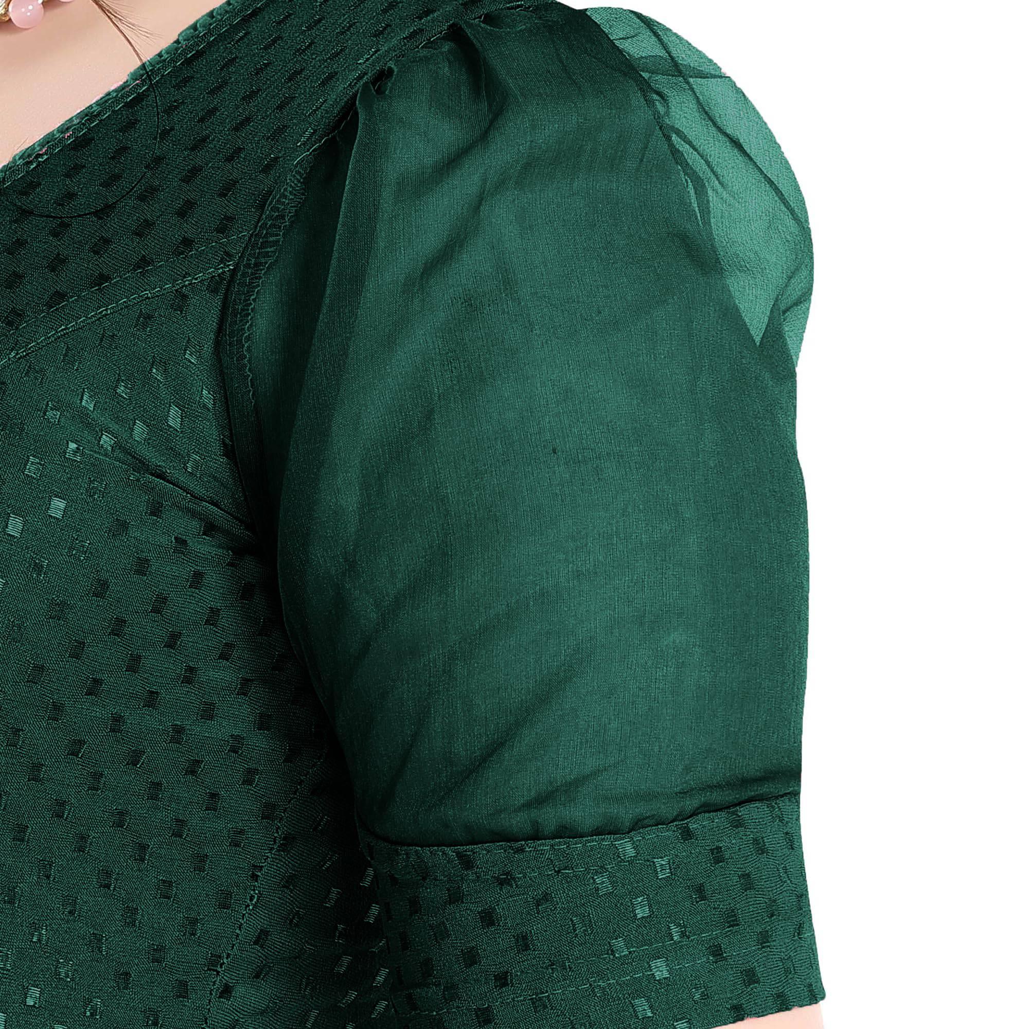 FINESTFIT Stay On Trend Latest Fashion 100% Cotton Dobby Readymade Blouses for Women,Round Neckline with Organza Balloon Sleeves.4520