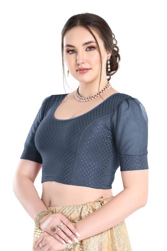 FINESTFIT Stay On Trend Latest Fashion 100% Cotton Dobby Readymade Blouses for Women,Round Neckline with Organza Balloon Sleeves.4520