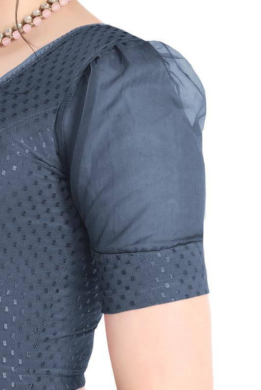 FINESTFIT Stay On Trend Latest Fashion 100% Cotton Dobby Readymade Blouses for Women,Round Neckline with Organza Balloon Sleeves.4520