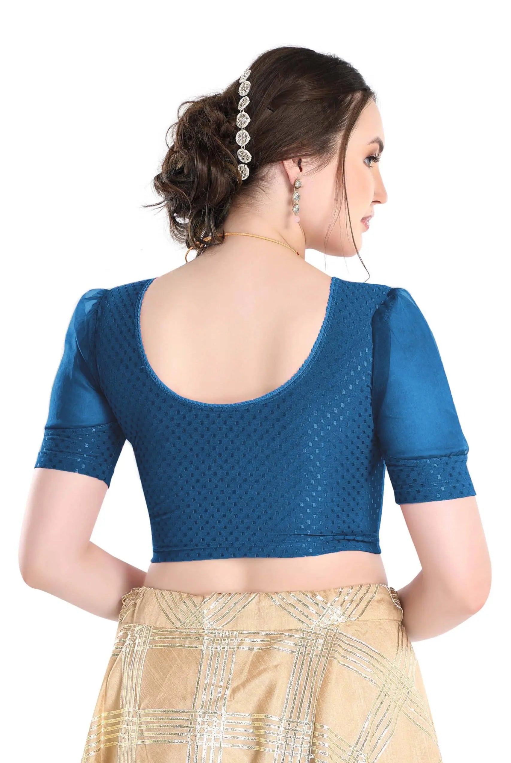 FINESTFIT Stay On Trend Latest Fashion 100% Cotton Dobby Readymade Blouses for Women,Round Neckline with Organza Balloon Sleeves.4520