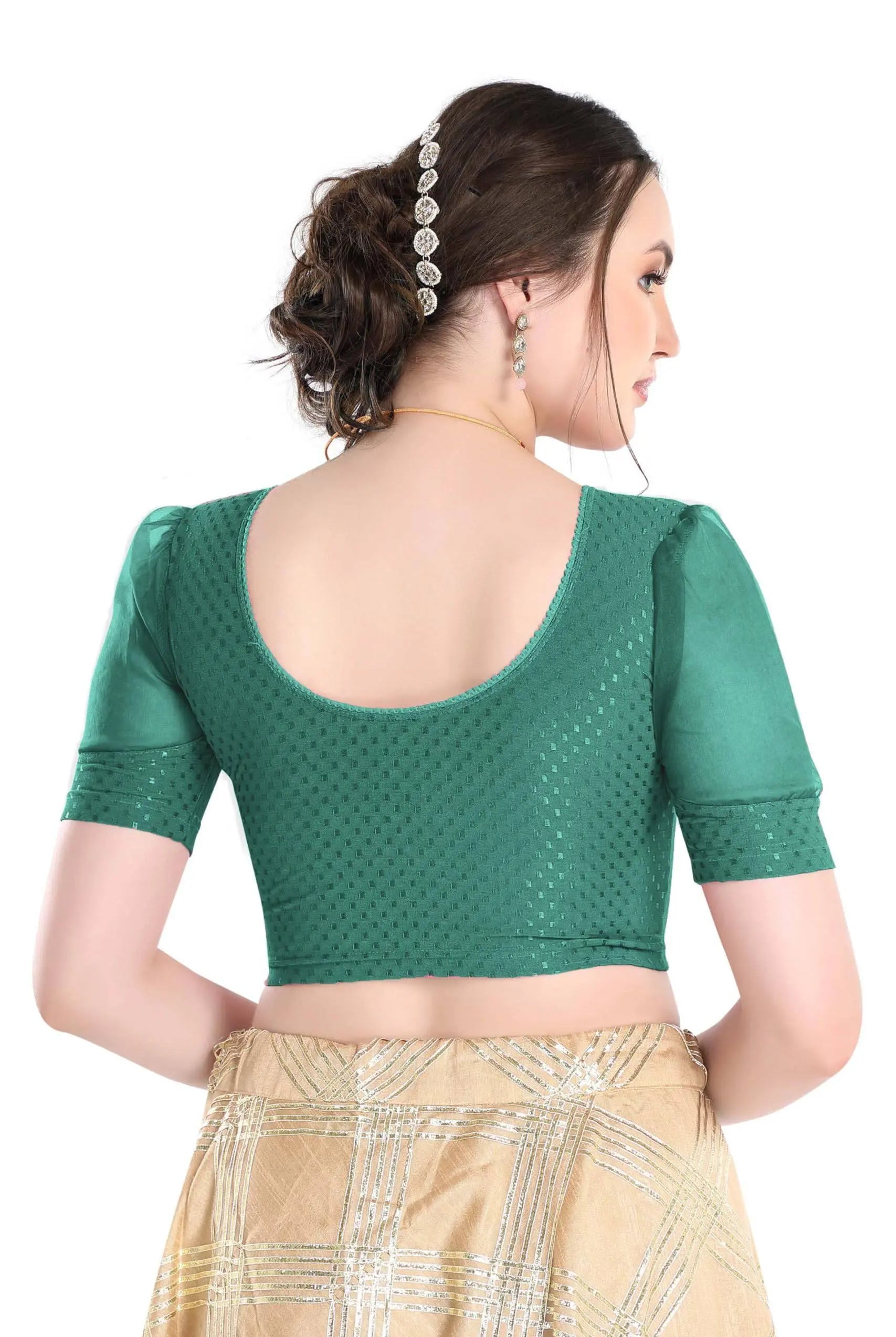 FINESTFIT Stay On Trend Latest Fashion 100% Cotton Dobby Readymade Blouses for Women,Round Neckline with Organza Balloon Sleeves.4520