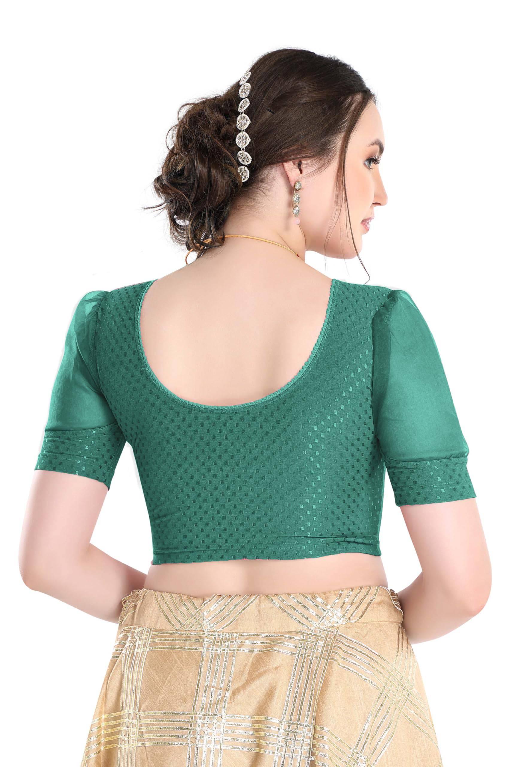 FINESTFIT Stay On Trend Latest Fashion 100% Cotton Dobby Readymade Blouses for Women,Round Neckline with Organza Balloon Sleeves.4520