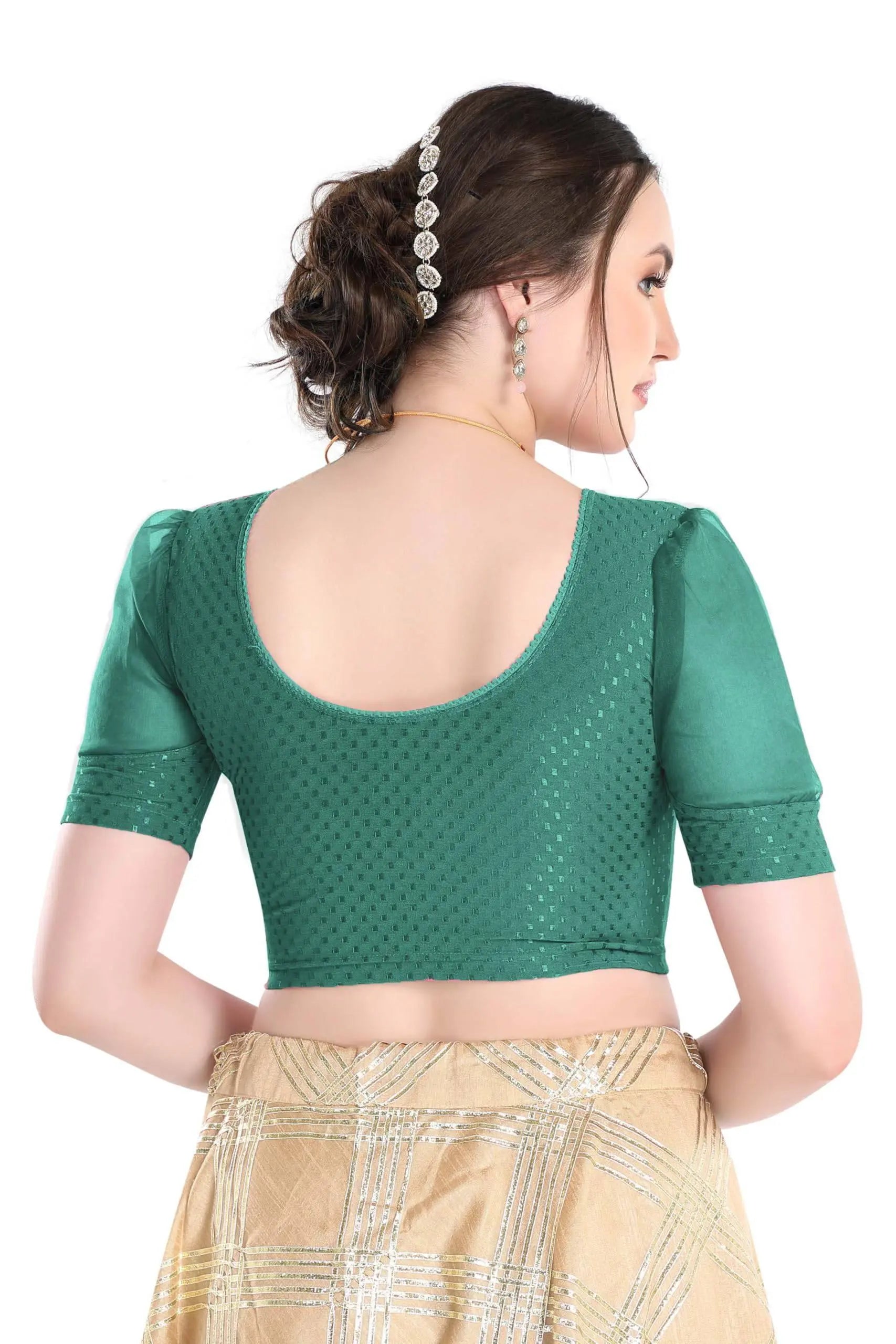 FINESTFIT Stay On Trend Latest Fashion 100% Cotton Dobby Readymade Blouses for Women,Round Neckline with Organza Balloon Sleeves.4520