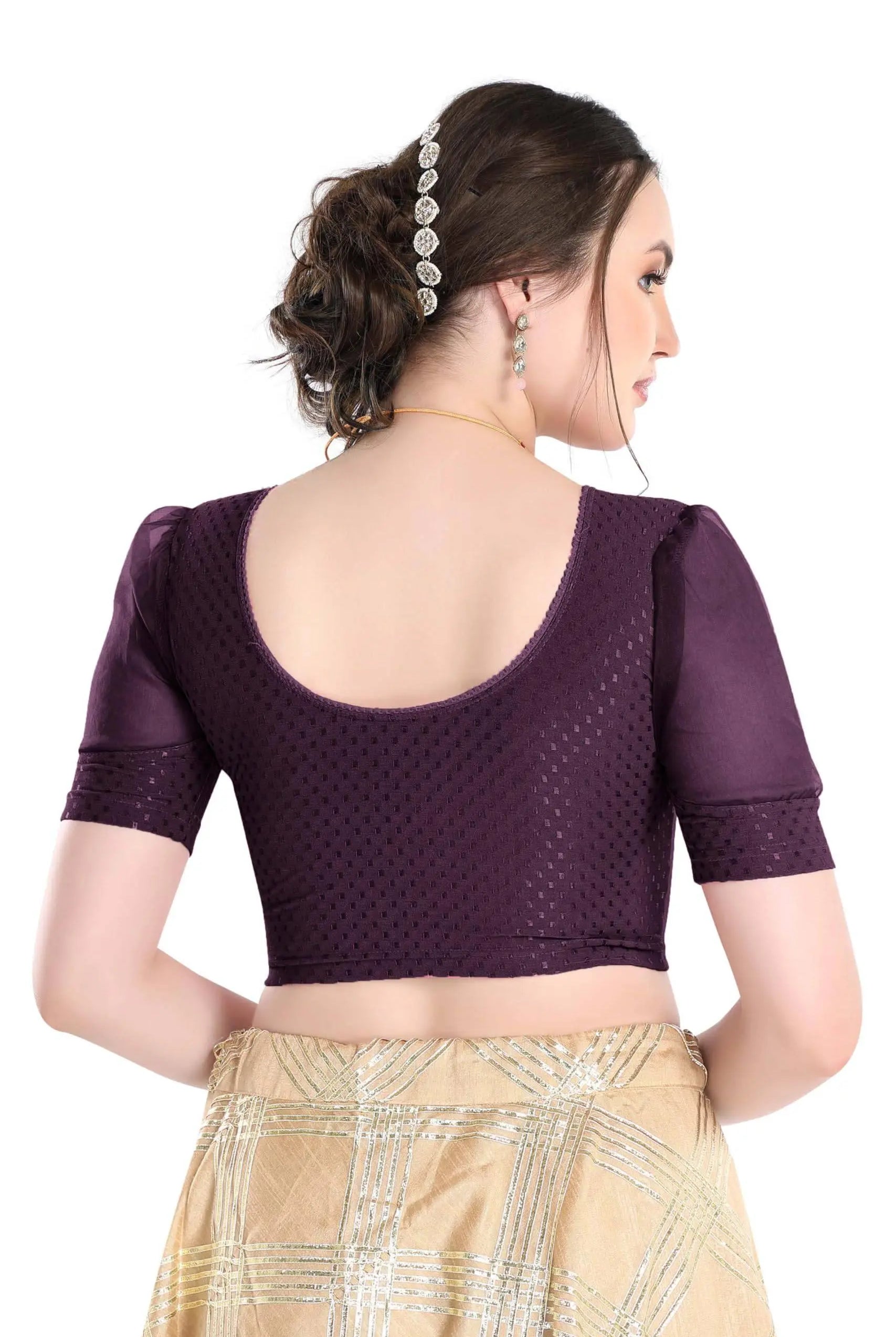 FINESTFIT Stay On Trend Latest Fashion 100% Cotton Dobby Readymade Blouses for Women,Round Neckline with Organza Balloon Sleeves.4520