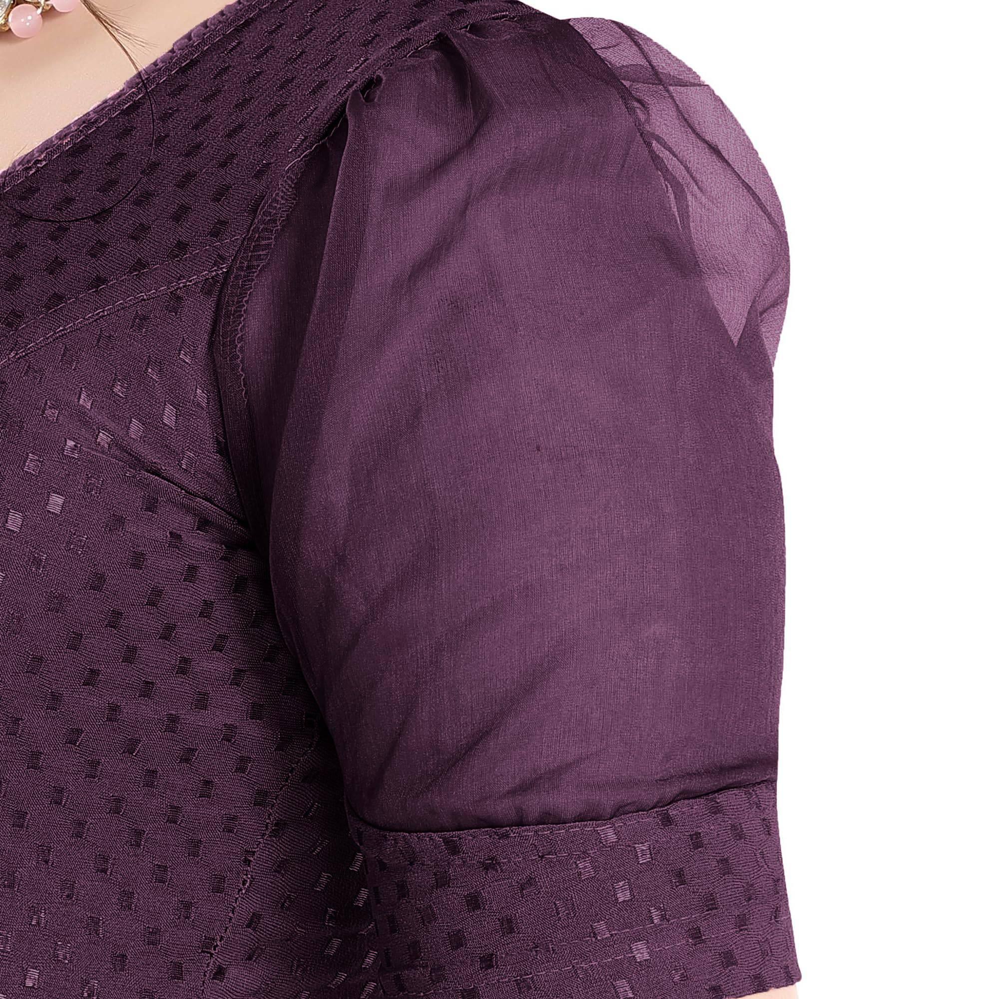 FINESTFIT Stay On Trend Latest Fashion 100% Cotton Dobby Readymade Blouses for Women,Round Neckline with Organza Balloon Sleeves.4520