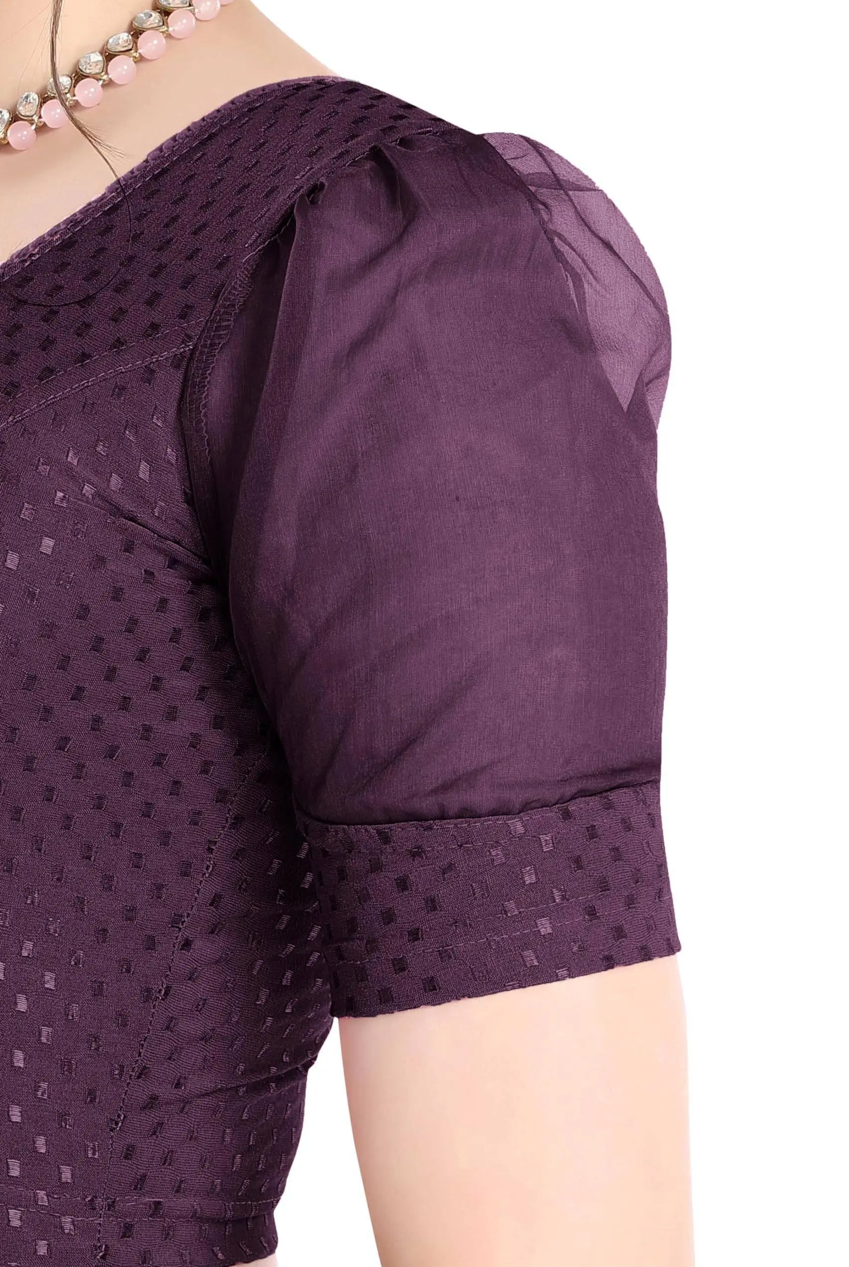 FINESTFIT Stay On Trend Latest Fashion 100% Cotton Dobby Readymade Blouses for Women,Round Neckline with Organza Balloon Sleeves.4520