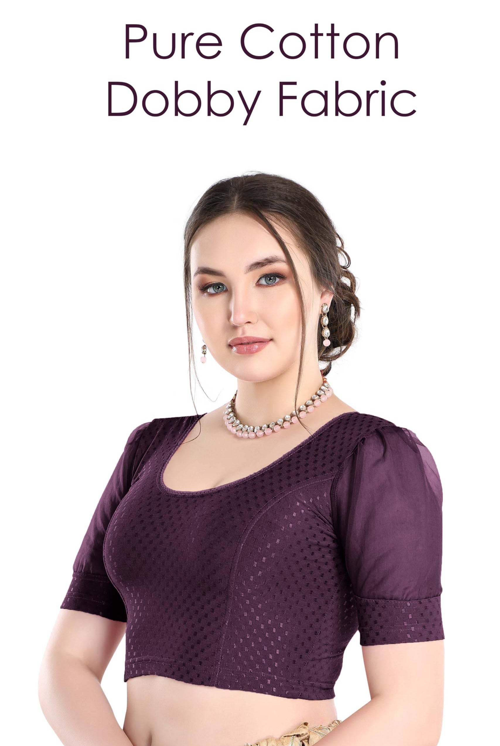 FINESTFIT Stay On Trend Latest Fashion 100% Cotton Dobby Readymade Blouses for Women,Round Neckline with Organza Balloon Sleeves.4520