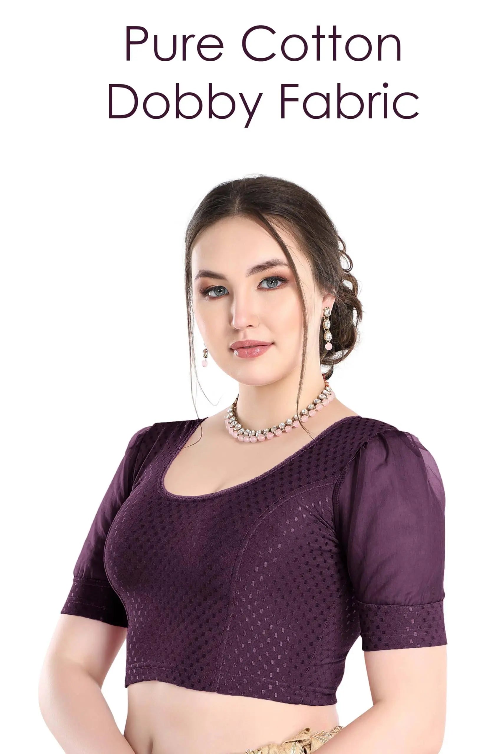 FINESTFIT Stay On Trend Latest Fashion 100% Cotton Dobby Readymade Blouses for Women,Round Neckline with Organza Balloon Sleeves.4520