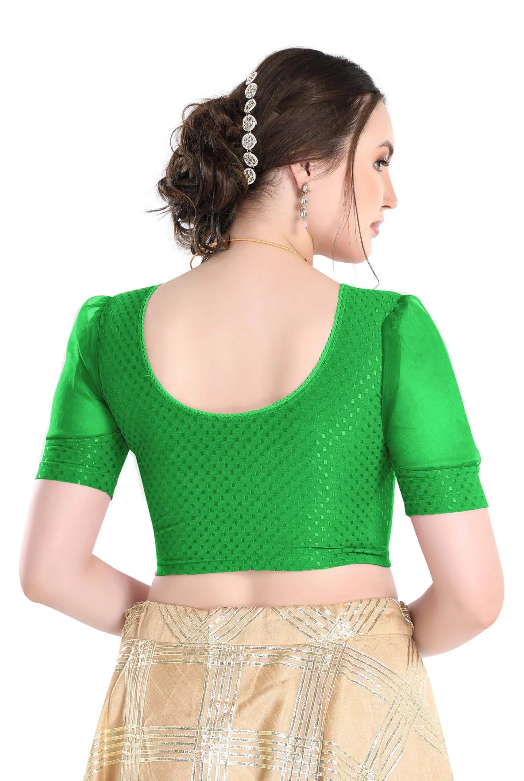 FINESTFIT Stay On Trend Latest Fashion 100% Cotton Dobby Readymade Blouses for Women,Round Neckline with Organza Balloon Sleeves.4520