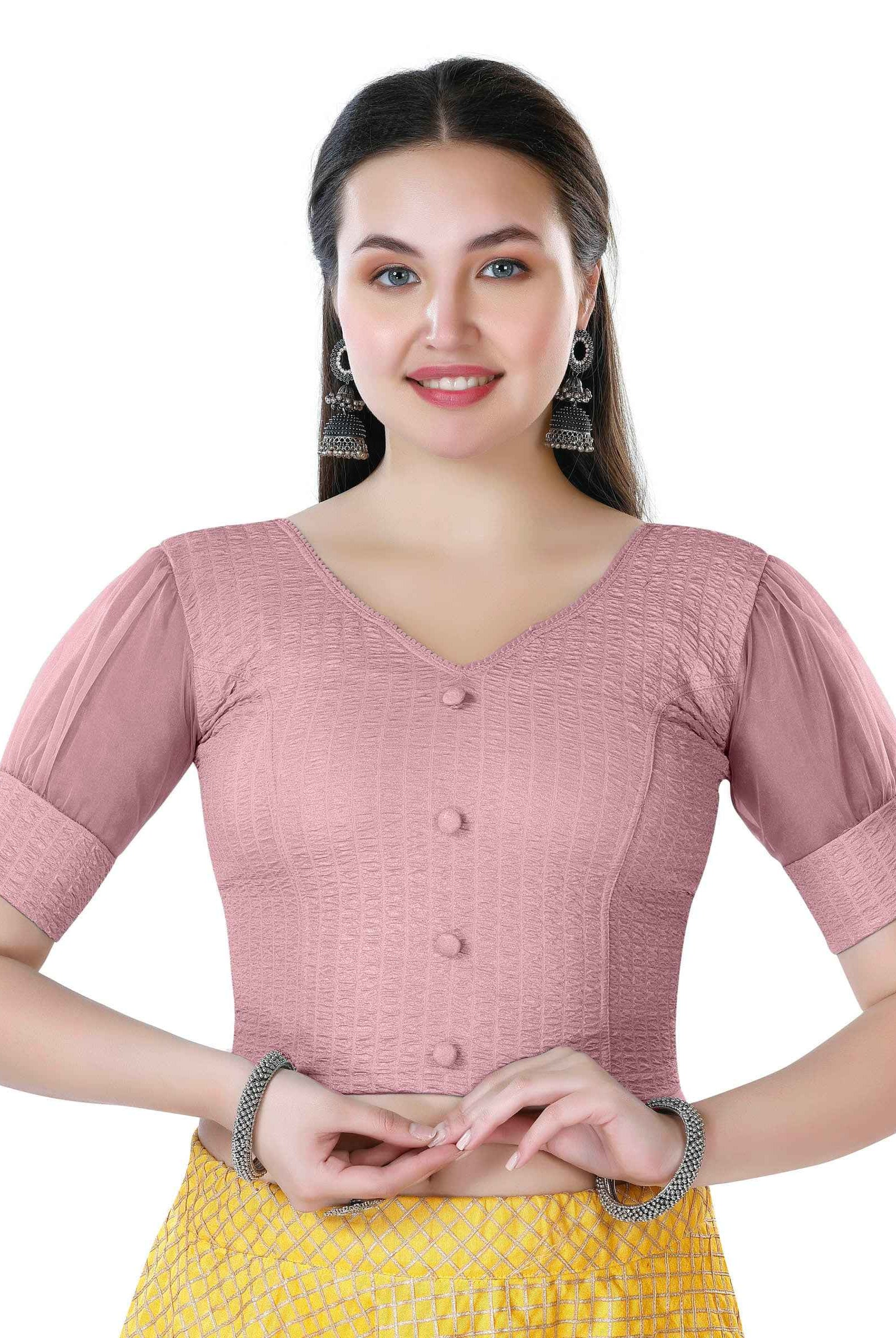 Stay On Trend: Latest Fashion Readymade Blouses for Women,V neckline ,organza balloon sleeves with fabric cuff and hand-made fabric buttons on center for an oomph effect.40050