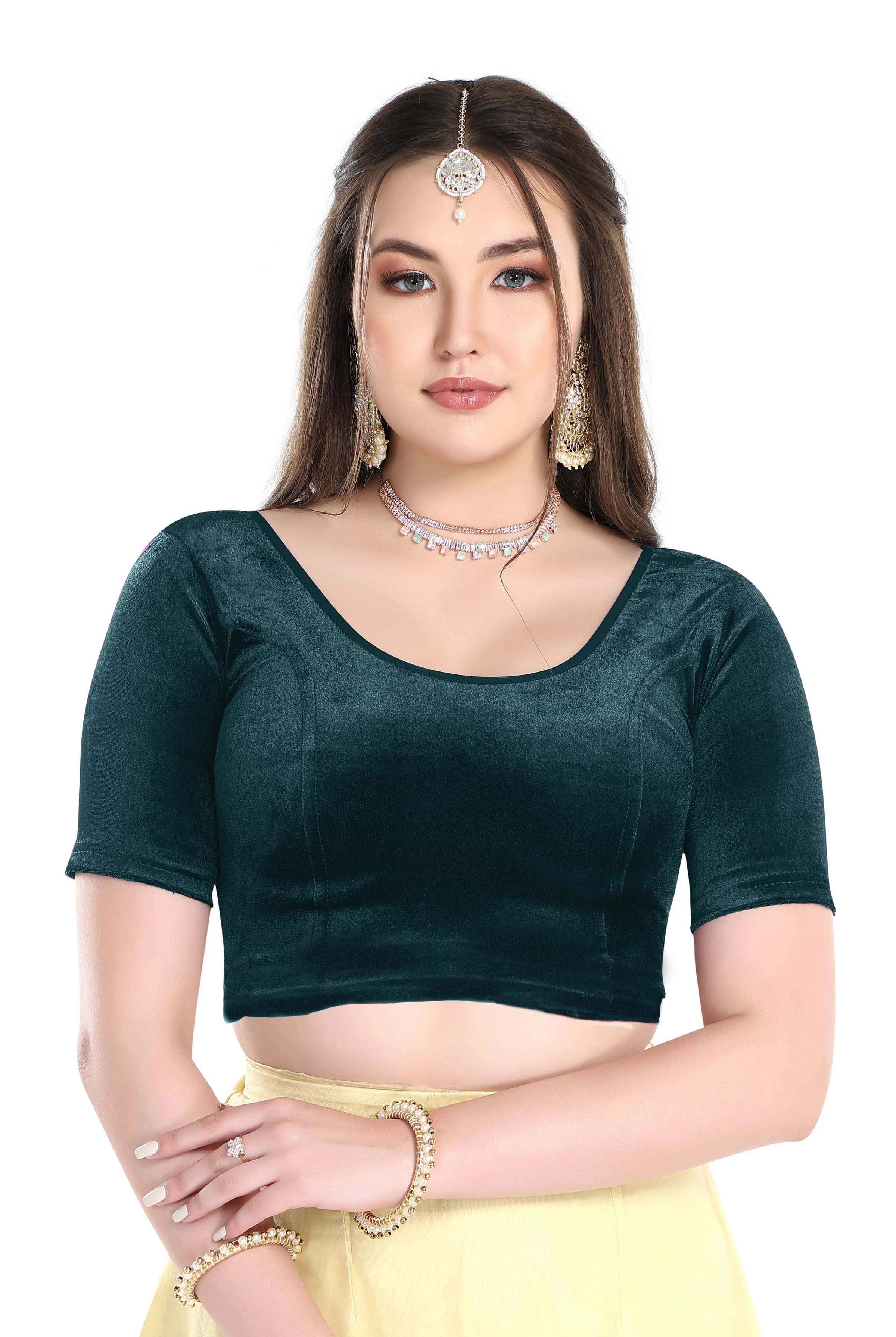 FINESTFIT Stay On Trend: Latest Fashion Readymade Blouses for Women,Round Neckline with Velvet Elbow Sleeves-1036