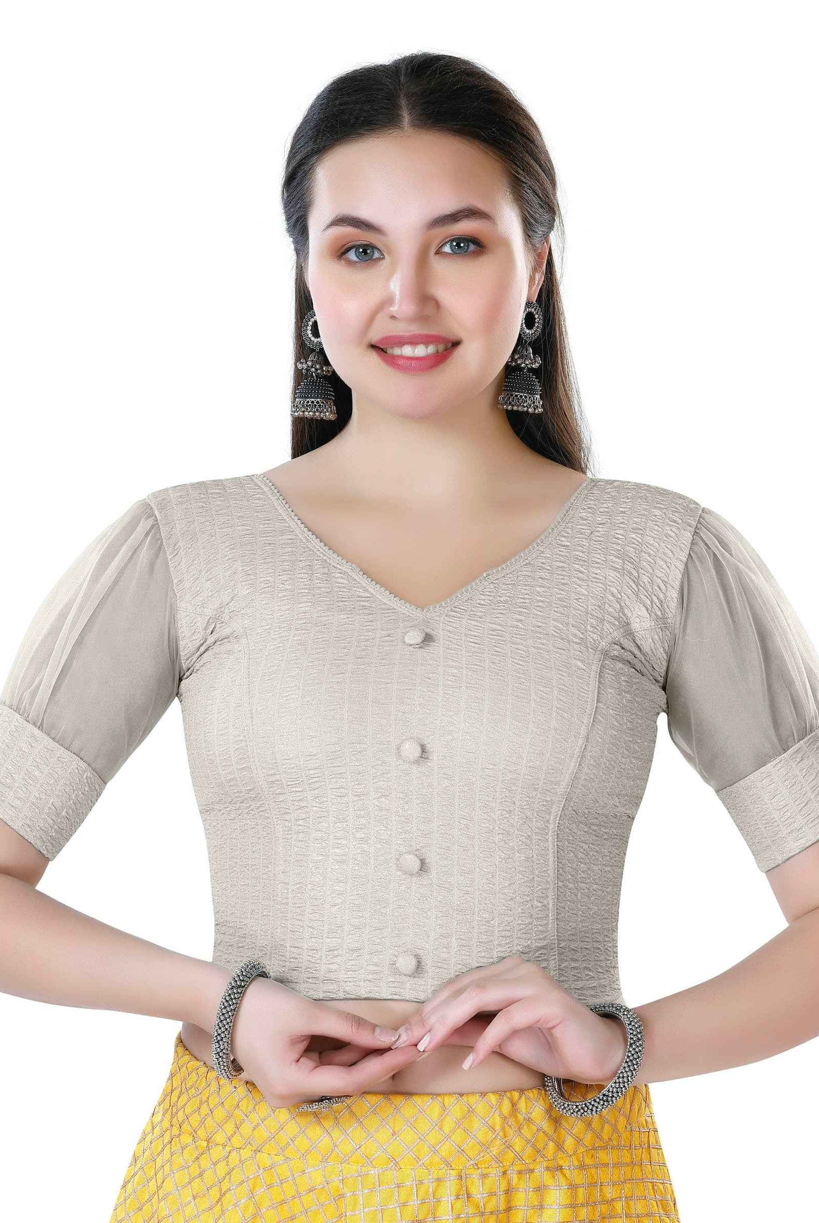 Stay On Trend: Latest Fashion Readymade Blouses for Women,V neckline ,organza balloon sleeves with fabric cuff and hand-made fabric buttons on center for an oomph effect.40050