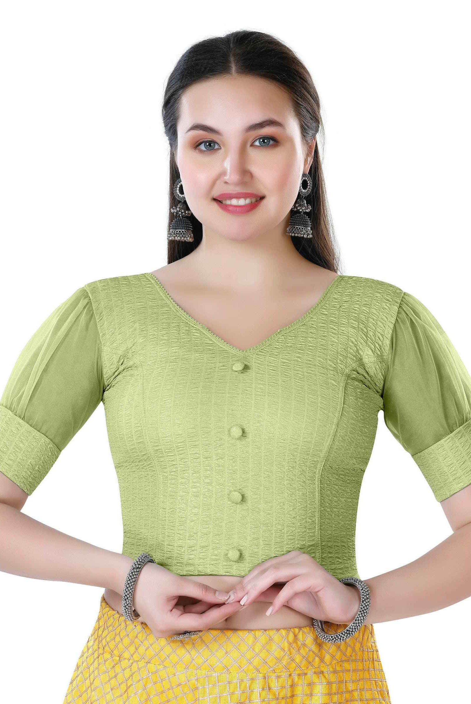 Stay On Trend: Latest Fashion Readymade Blouses for Women,V neckline ,organza balloon sleeves with fabric cuff and hand-made fabric buttons on center for an oomph effect.40050