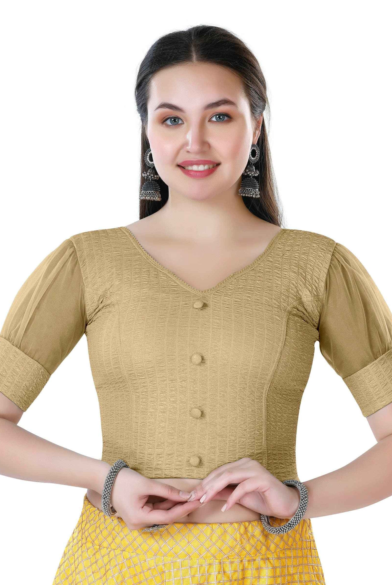 Stay On Trend: Latest Fashion Readymade Blouses for Women,V neckline ,organza balloon sleeves with fabric cuff and hand-made fabric buttons on center for an oomph effect.40050