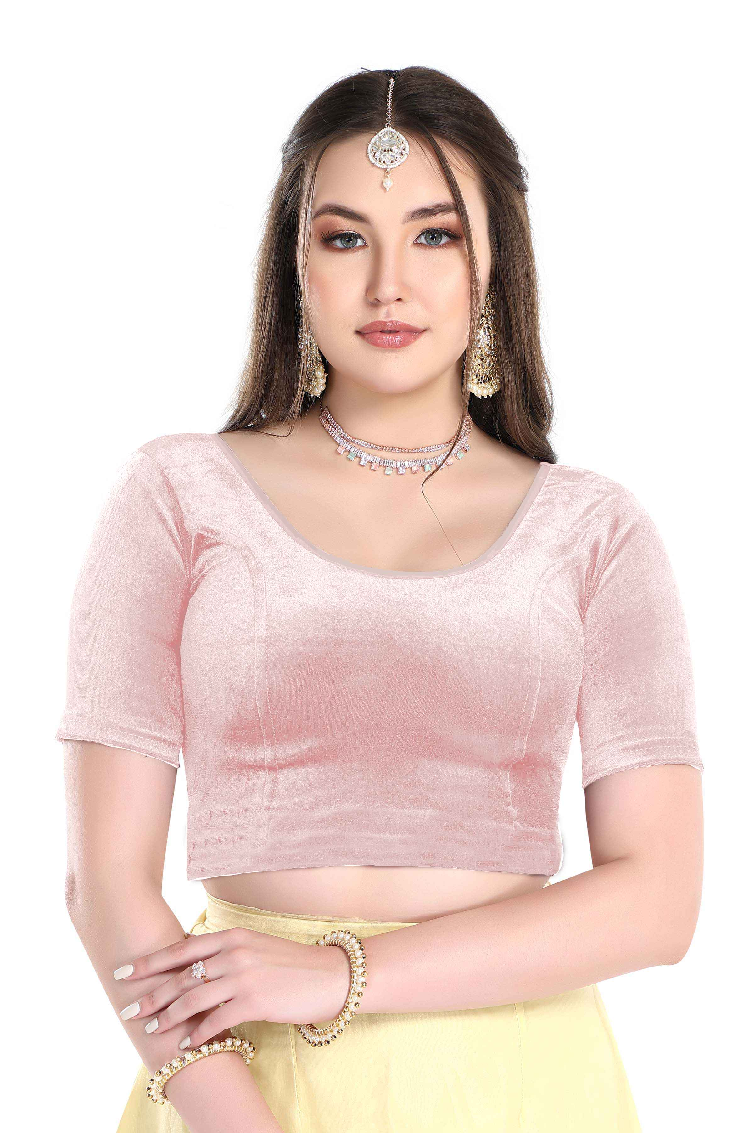 FINESTFIT Stay On Trend: Latest Fashion Readymade Blouses for Women,Round Neckline with Velvet Elbow Sleeves-1036