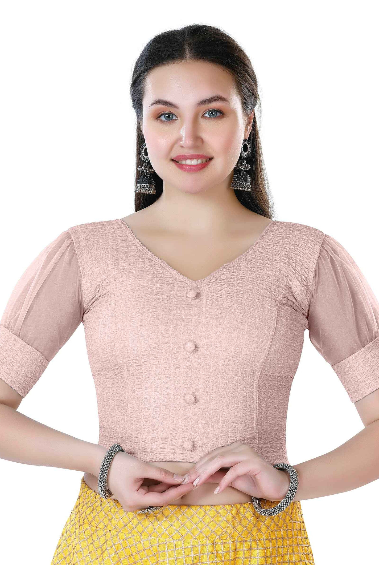 Stay On Trend: Latest Fashion Readymade Blouses for Women,V neckline ,organza balloon sleeves with fabric cuff and hand-made fabric buttons on center for an oomph effect.40050