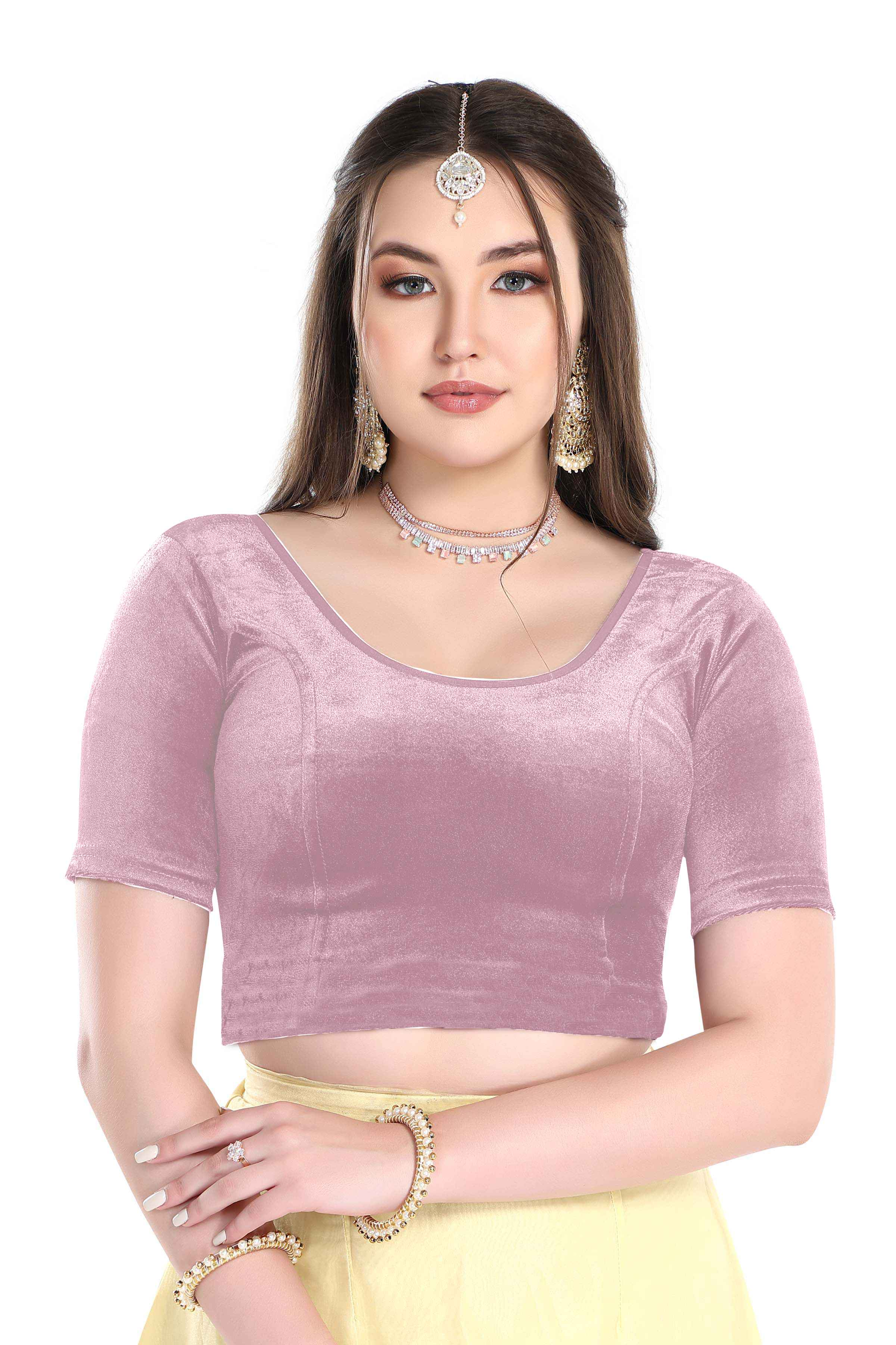 FINESTFIT Stay On Trend: Latest Fashion Readymade Blouses for Women,Round Neckline with Velvet Elbow Sleeves-1036