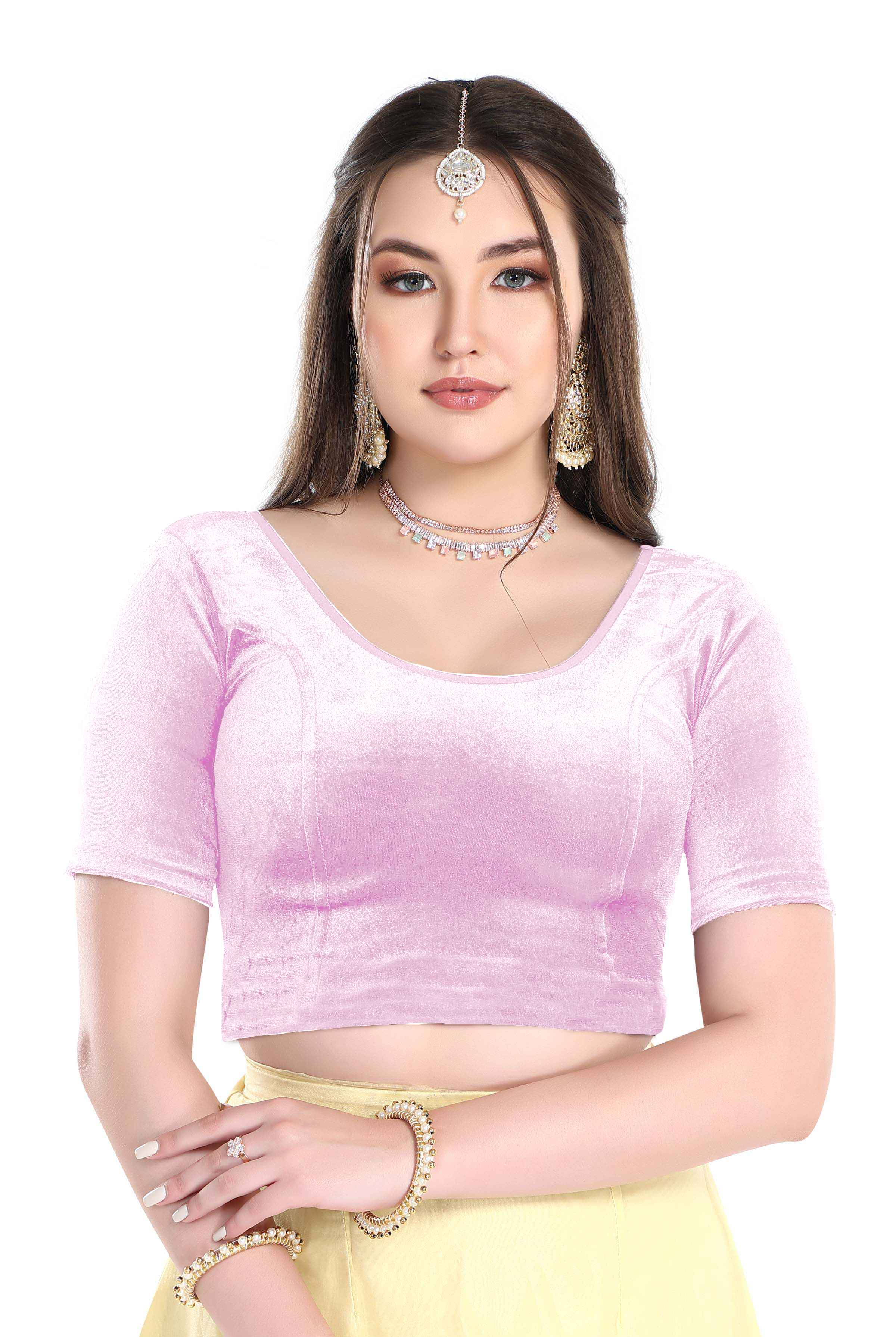 FINESTFIT Stay On Trend: Latest Fashion Readymade Blouses for Women,Round Neckline with Velvet Elbow Sleeves-1036