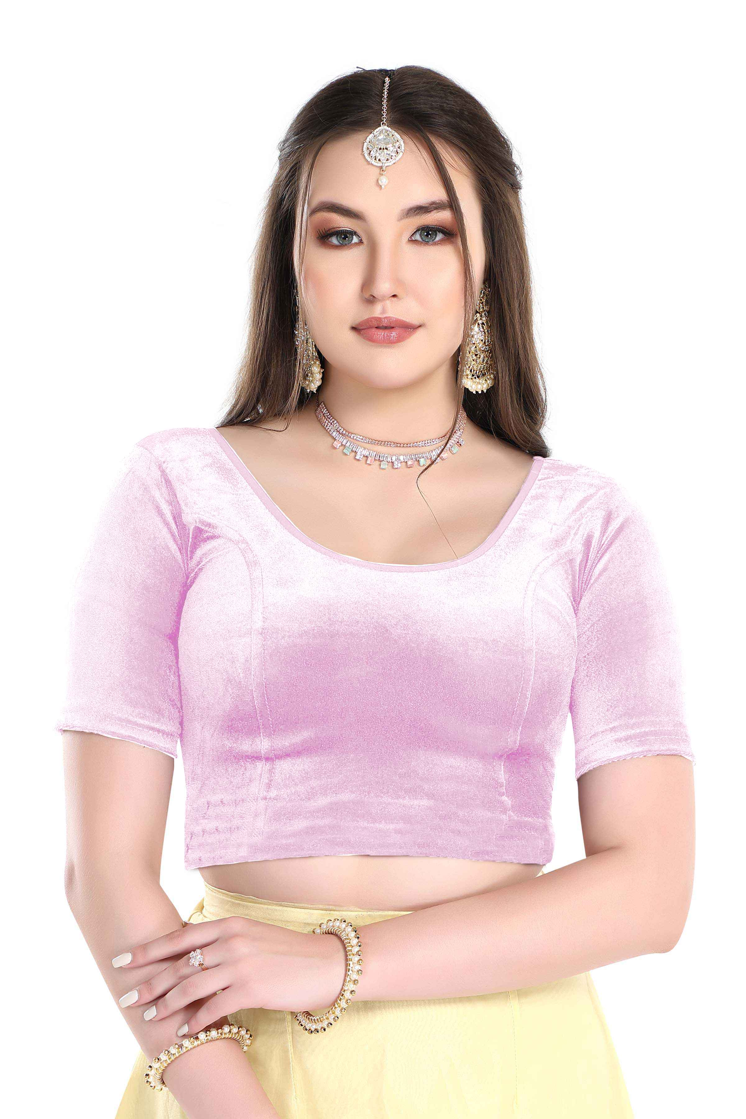 FINESTFIT Stay On Trend: Latest Fashion Readymade Blouses for Women,Round Neckline with Velvet Elbow Sleeves-1036