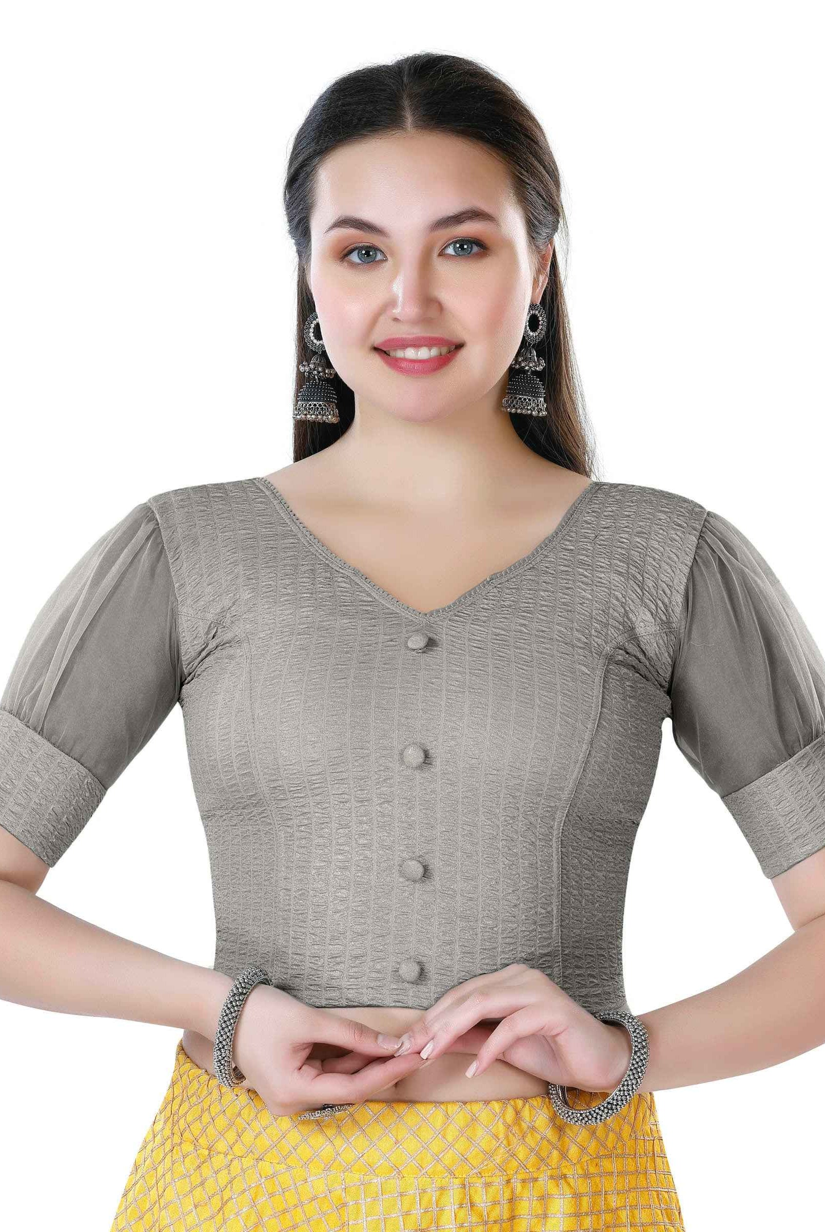 Stay On Trend: Latest Fashion Readymade Blouses for Women,V neckline ,organza balloon sleeves with fabric cuff and hand-made fabric buttons on center for an oomph effect.40050