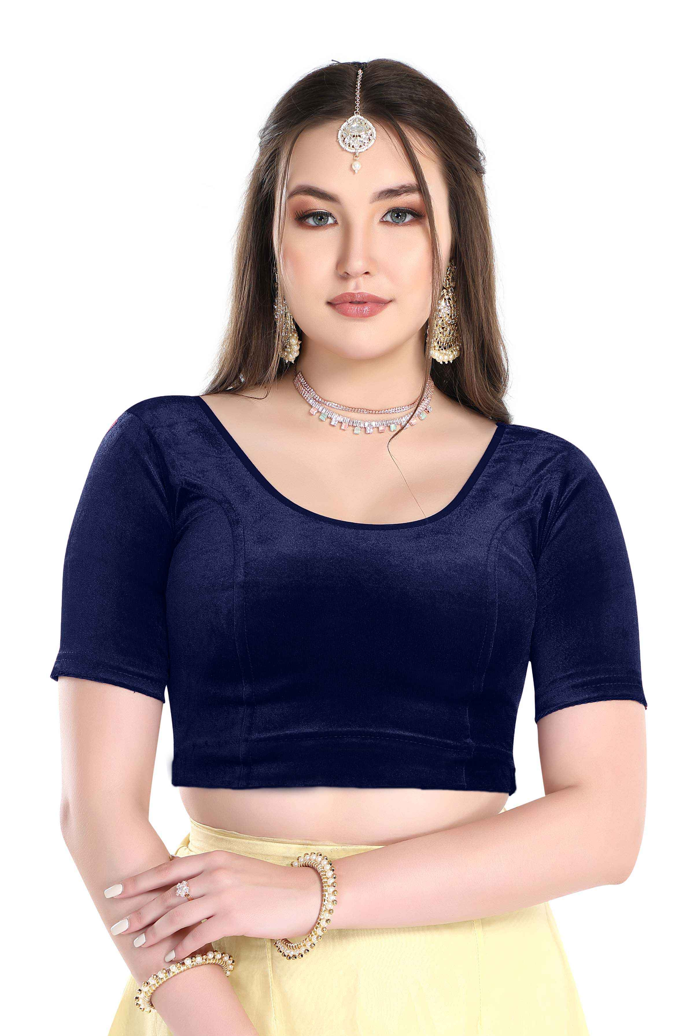 FINESTFIT Stay On Trend: Latest Fashion Readymade Blouses for Women,Round Neckline with Velvet Elbow Sleeves-1036