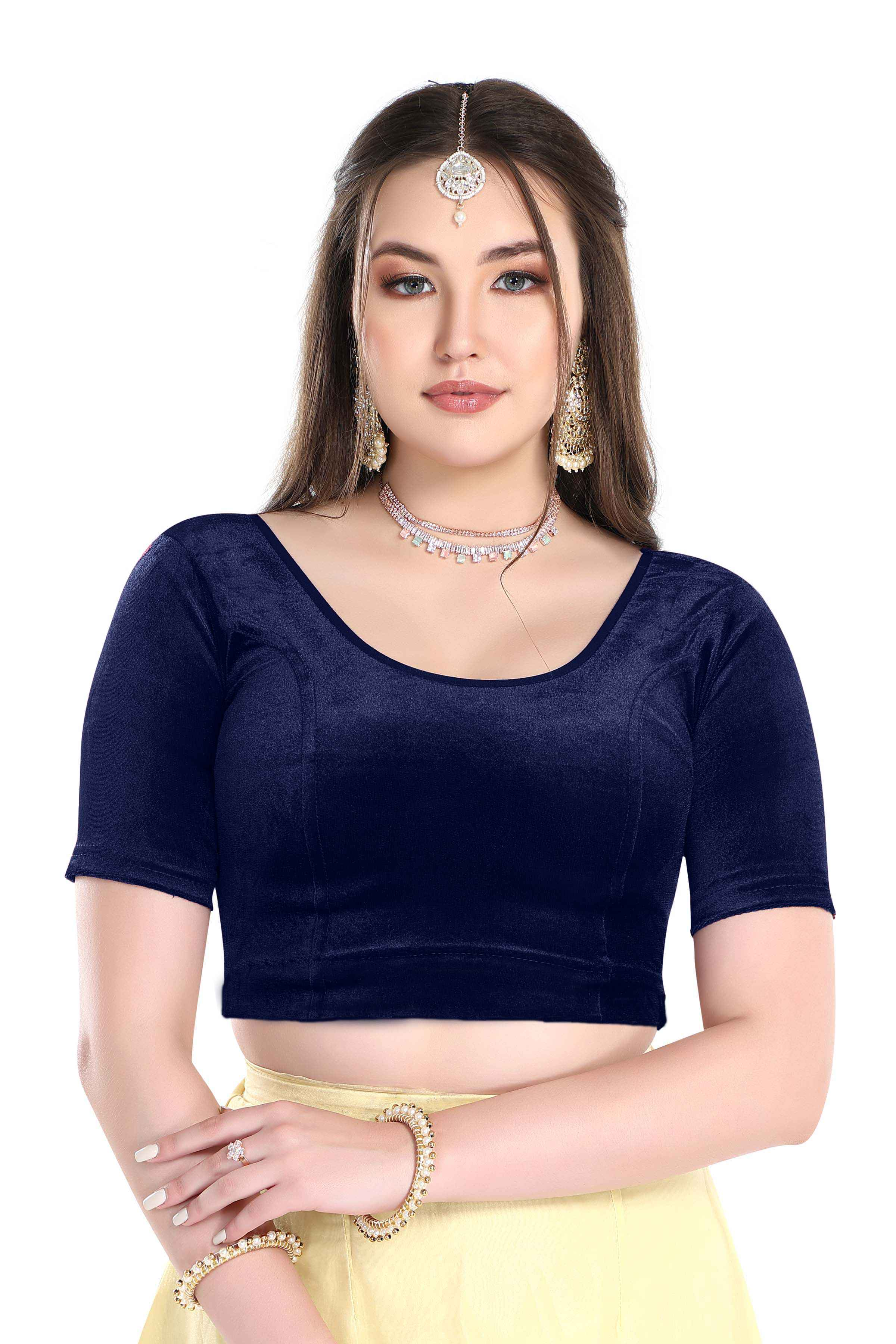 FINESTFIT Stay On Trend: Latest Fashion Readymade Blouses for Women,Round Neckline with Velvet Elbow Sleeves-1036