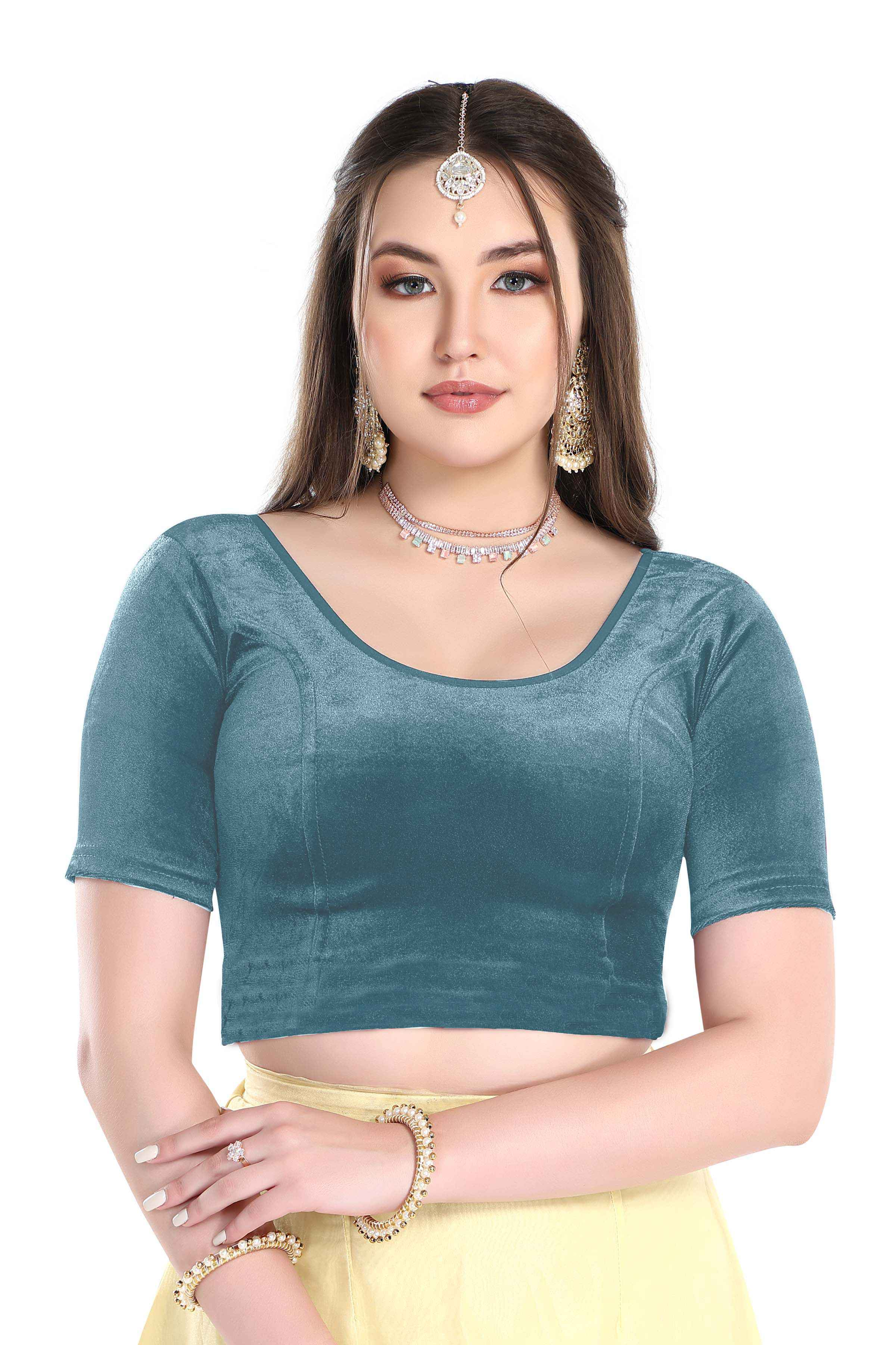 FINESTFIT Stay On Trend: Latest Fashion Readymade Blouses for Women,Round Neckline with Velvet Elbow Sleeves-1036