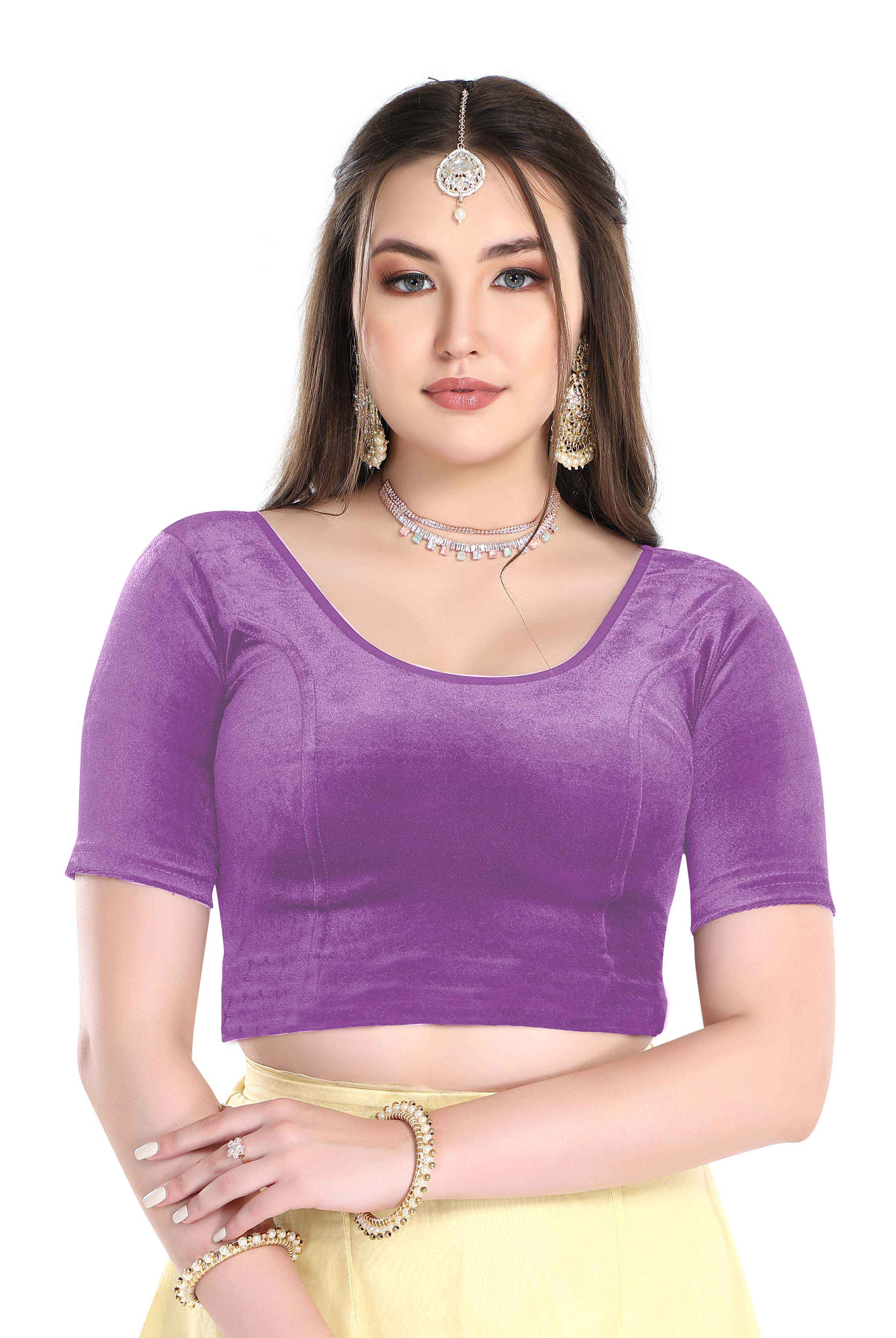 FINESTFIT Stay On Trend: Latest Fashion Readymade Blouses for Women,Round Neckline with Velvet Elbow Sleeves-1036