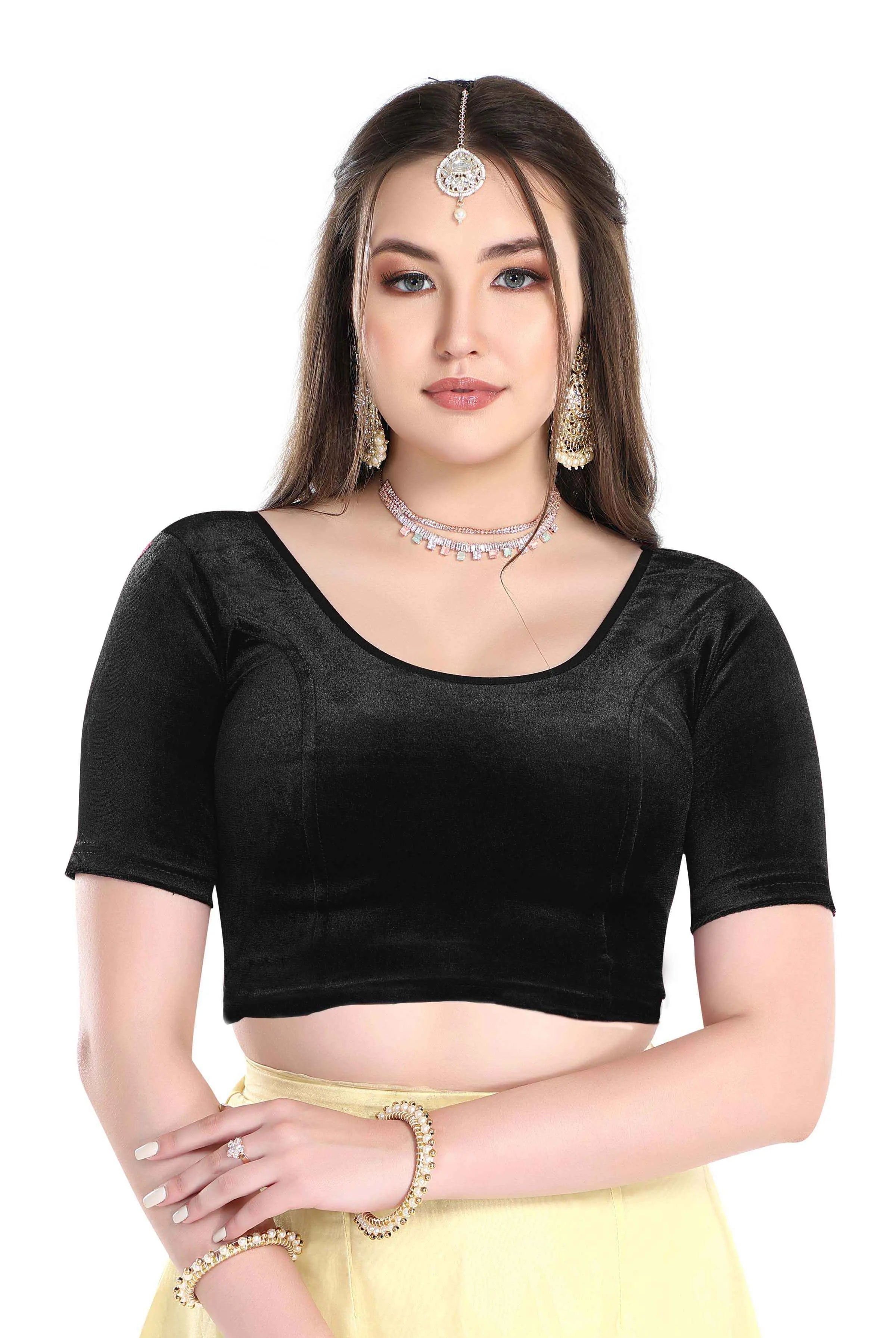 FINESTFIT Stay On Trend: Latest Fashion Readymade Blouses for Women,Round Neckline with Velvet Elbow Sleeves-1036