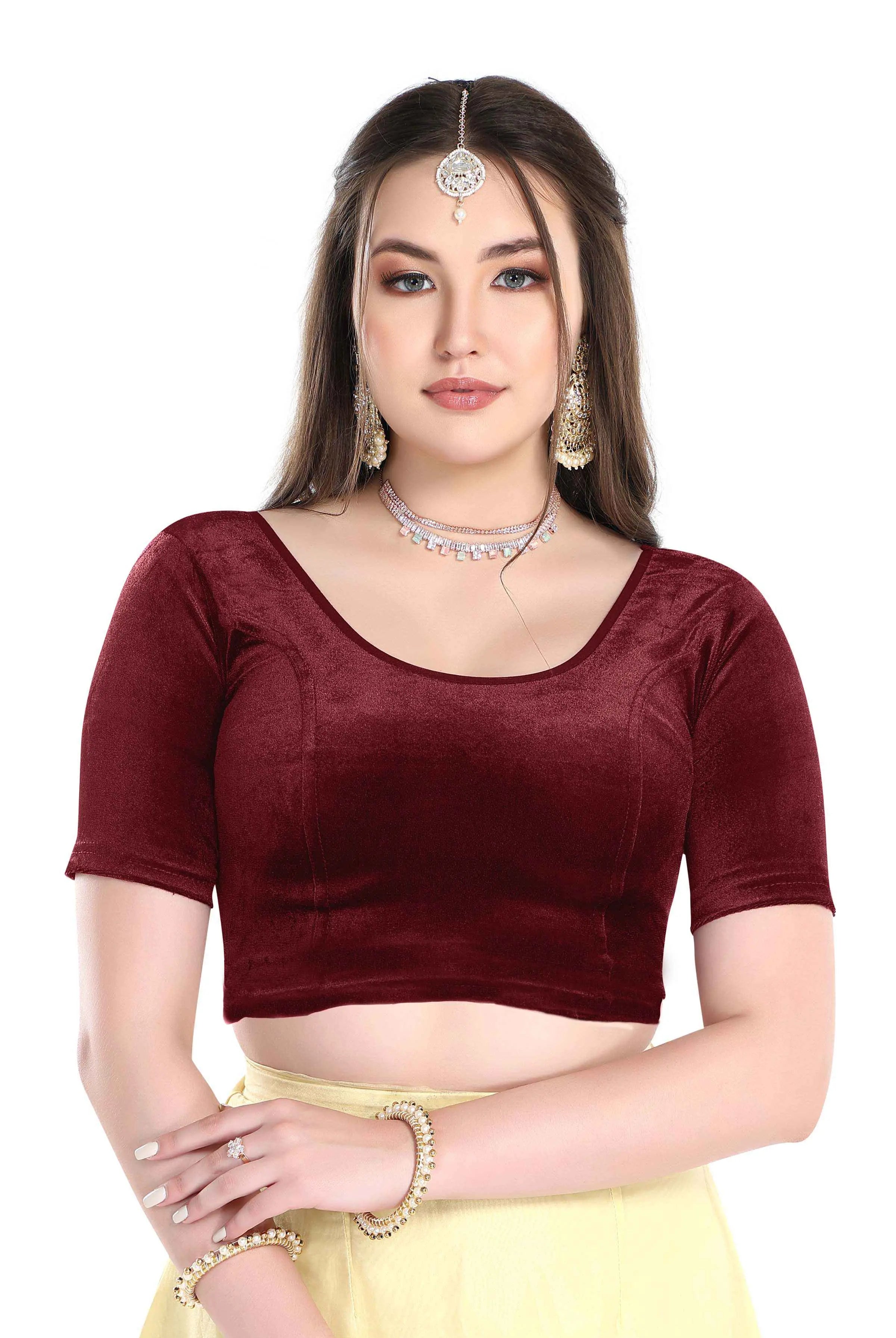 FINESTFIT Stay On Trend: Latest Fashion Readymade Blouses for Women,Round Neckline with Velvet Elbow Sleeves-1036