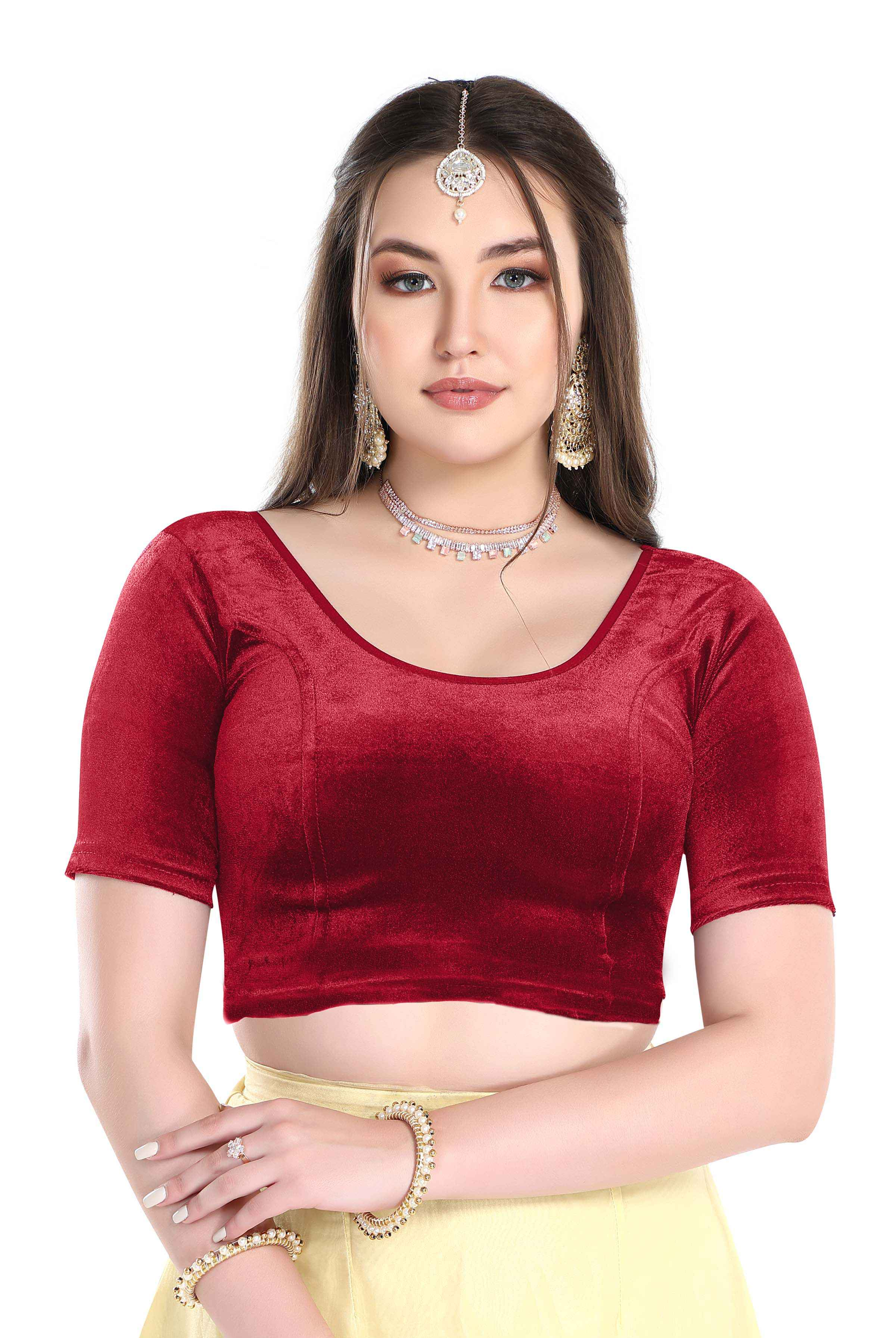 FINESTFIT Stay On Trend: Latest Fashion Readymade Blouses for Women,Round Neckline with Velvet Elbow Sleeves-1036