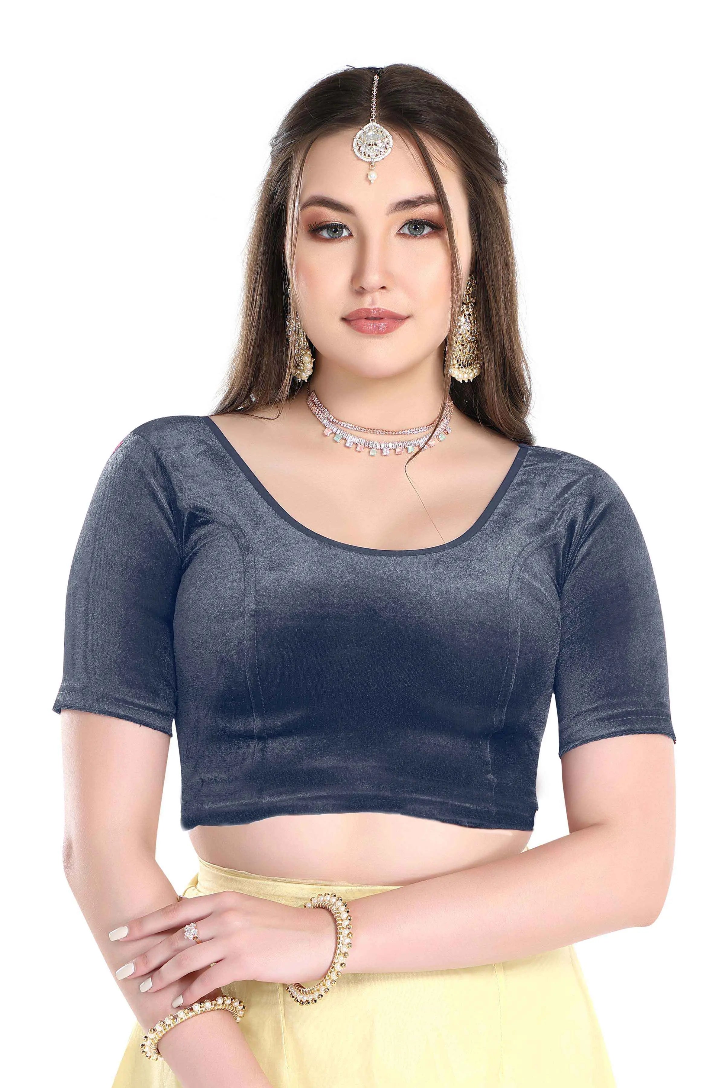 FINESTFIT Stay On Trend: Latest Fashion Readymade Blouses for Women,Round Neckline with Velvet Elbow Sleeves-1036