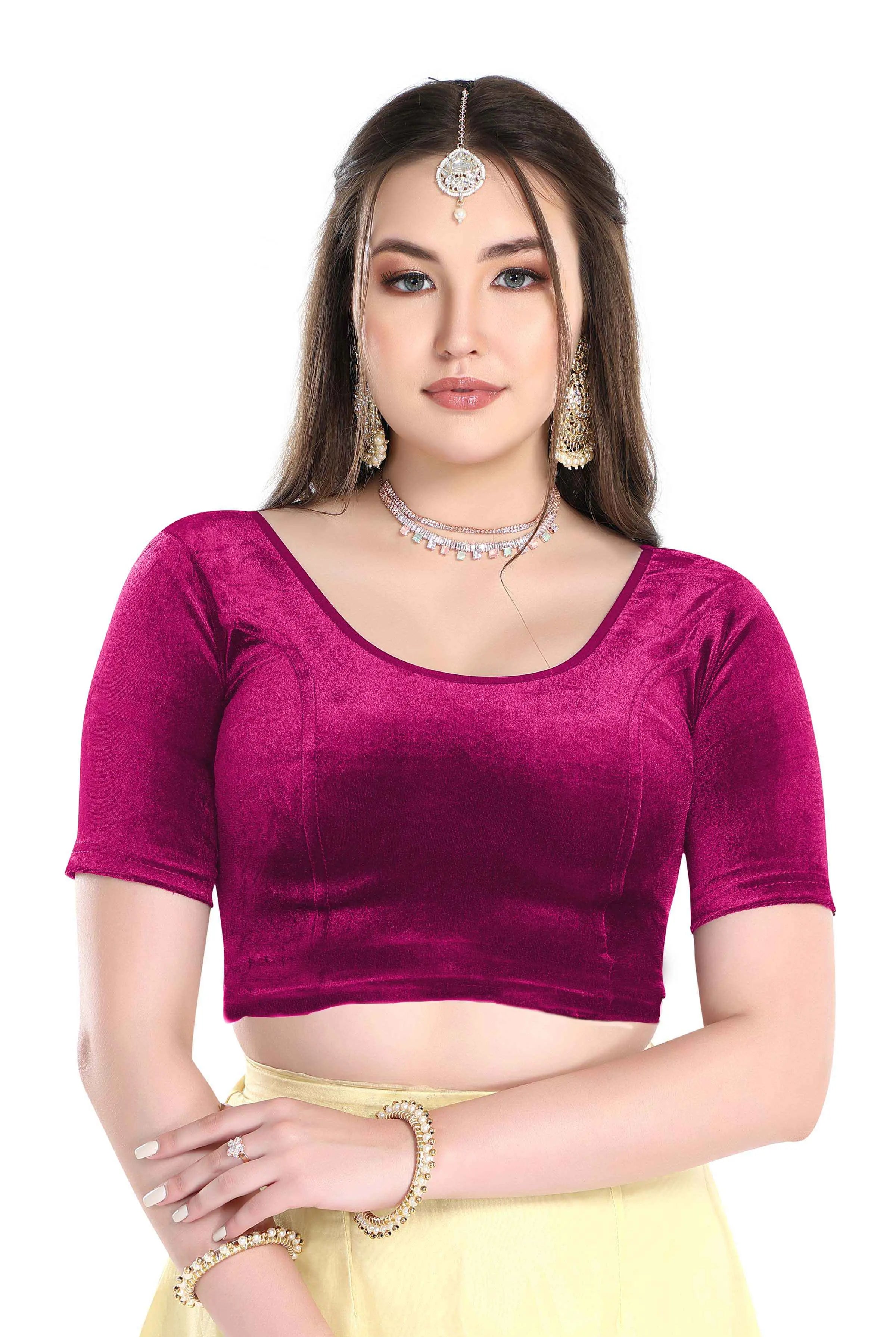 FINESTFIT Stay On Trend: Latest Fashion Readymade Blouses for Women,Round Neckline with Velvet Elbow Sleeves-1036