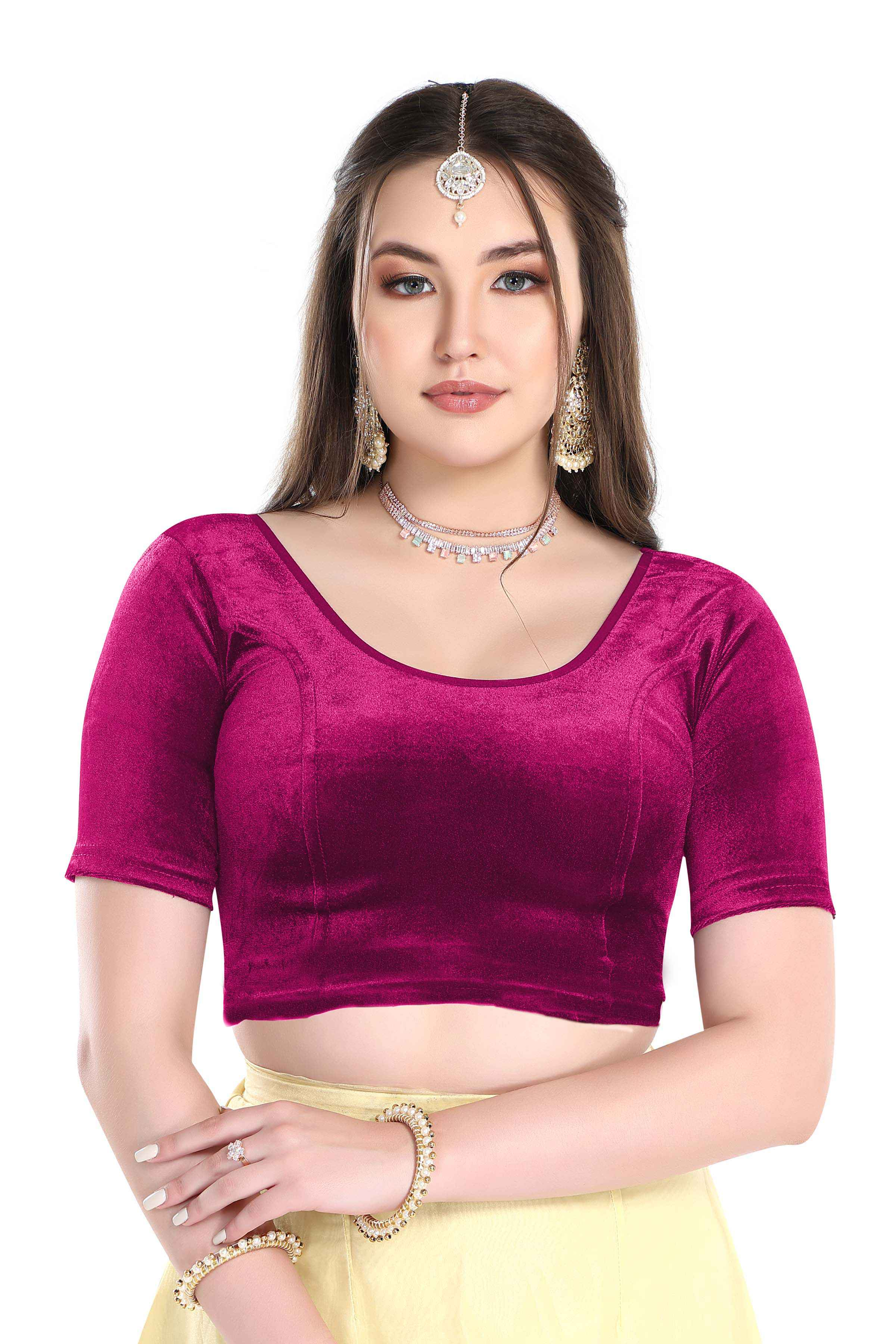 FINESTFIT Stay On Trend: Latest Fashion Readymade Blouses for Women,Round Neckline with Velvet Elbow Sleeves-1036