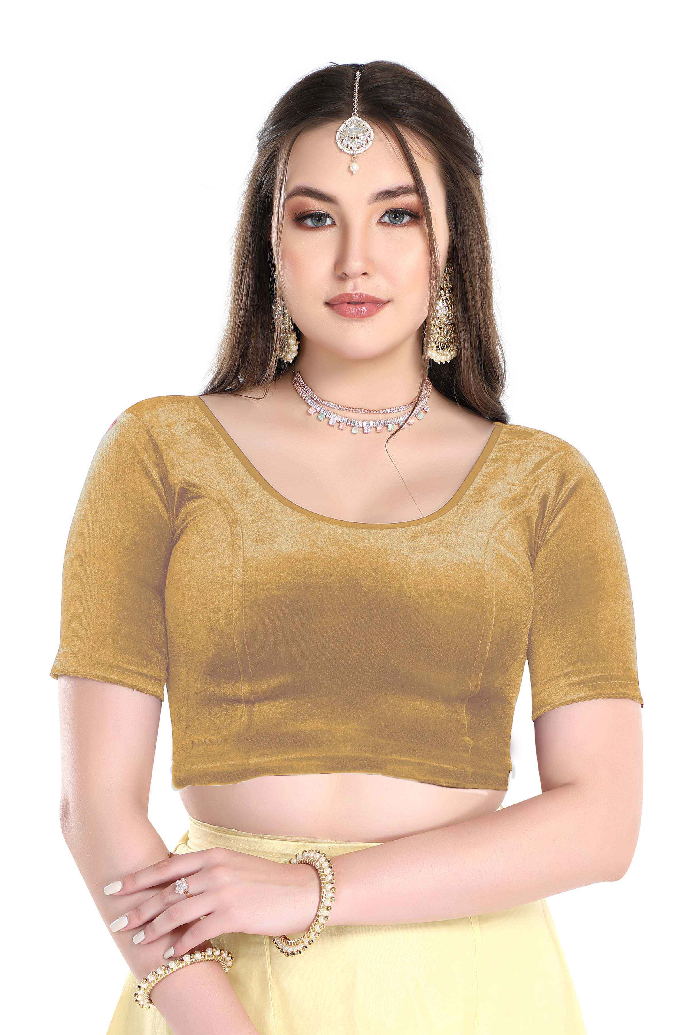 FINESTFIT Stay On Trend: Latest Fashion Readymade Blouses for Women,Round Neckline with Velvet Elbow Sleeves-1036