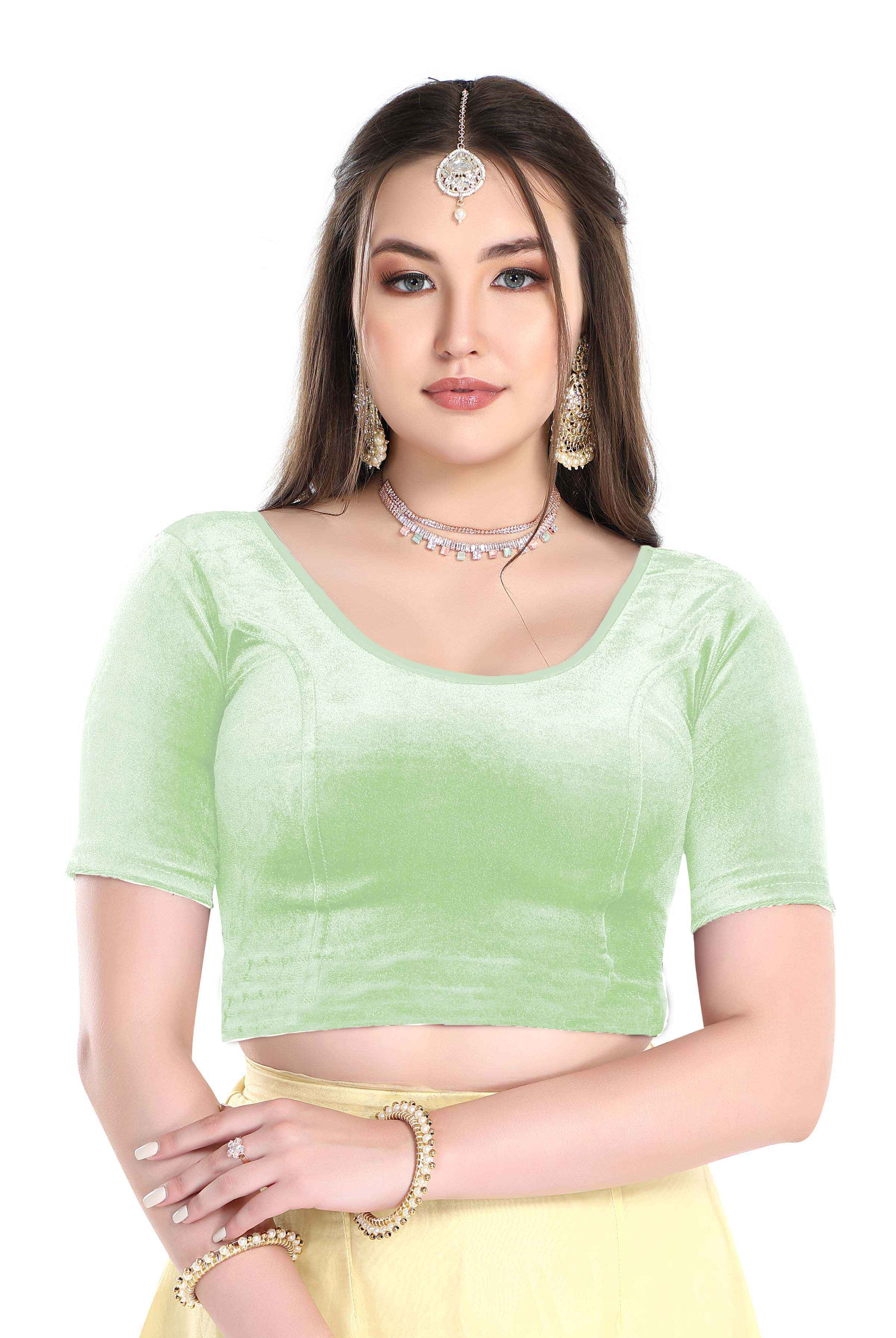 FINESTFIT Stay On Trend: Latest Fashion Readymade Blouses for Women,Round Neckline with Velvet Elbow Sleeves-1036